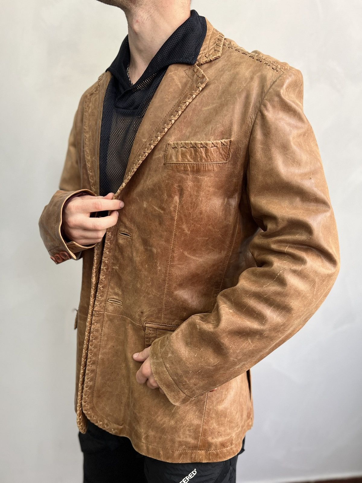 14th Addiction STITCHING AVANT GARDE DISTRESSED LEATHER BLAZER JACKET Size US M / EU 48-50 / 2 - 4 Thumbnail