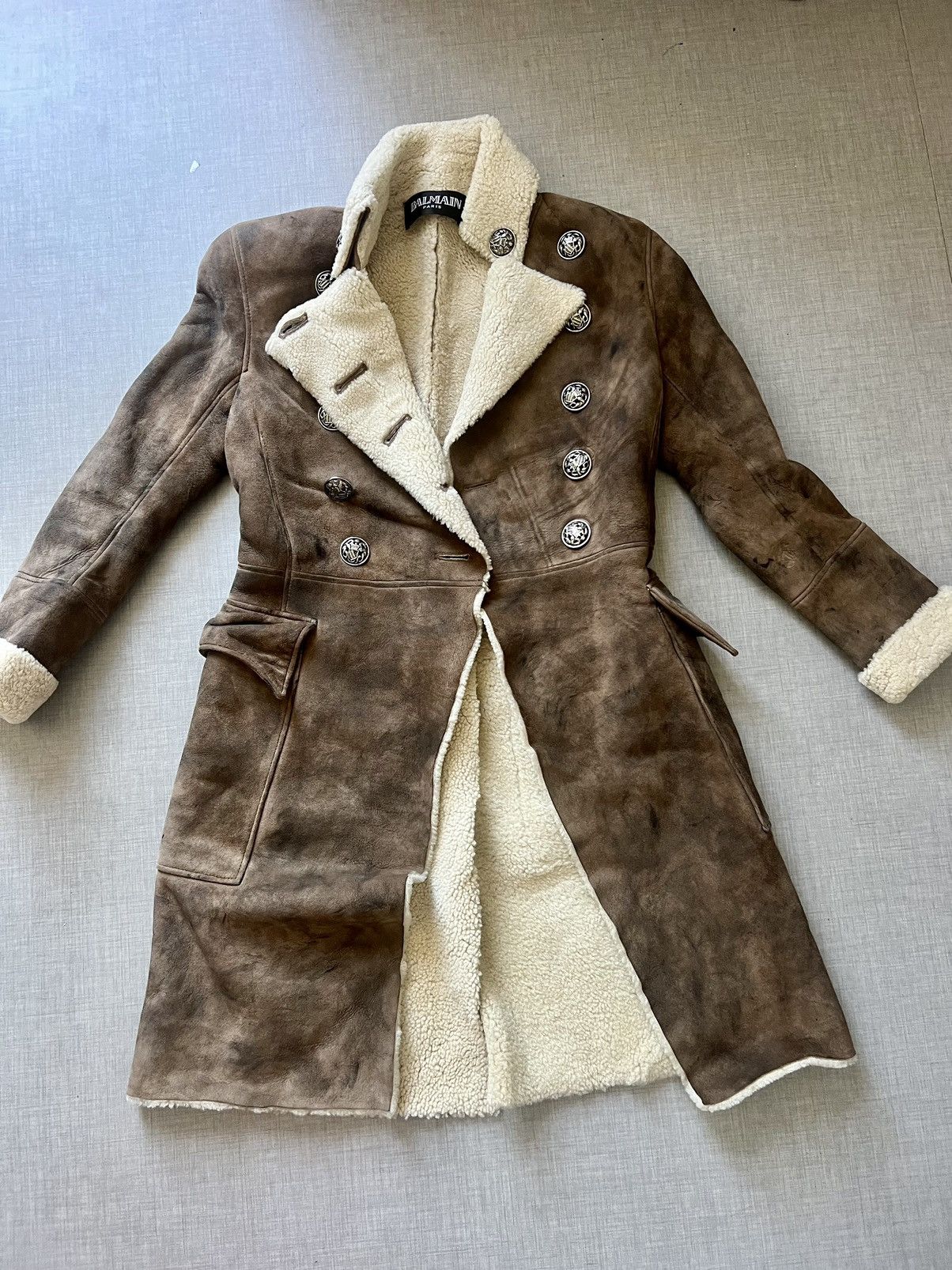 Balmain Balmain Brown Aged Suede & Ivory Sheepskin Coat (Size 38) Size S / US 4 / IT 40 - 1 Thumbnail