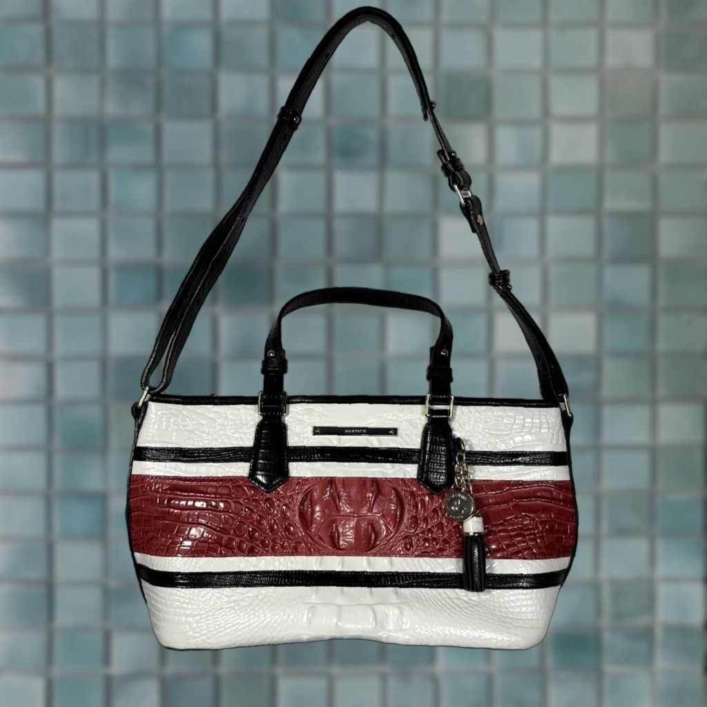 BRAHMIN Brahmin Melbourne Collection Mini Asher Croc Embossed Leather Tote Bag Red Shoulder Bag Women Zip Pockets Tassel 22k Gold Beig e Lining Brown/Beige? Size ONE SIZE - 1 Thumbnail