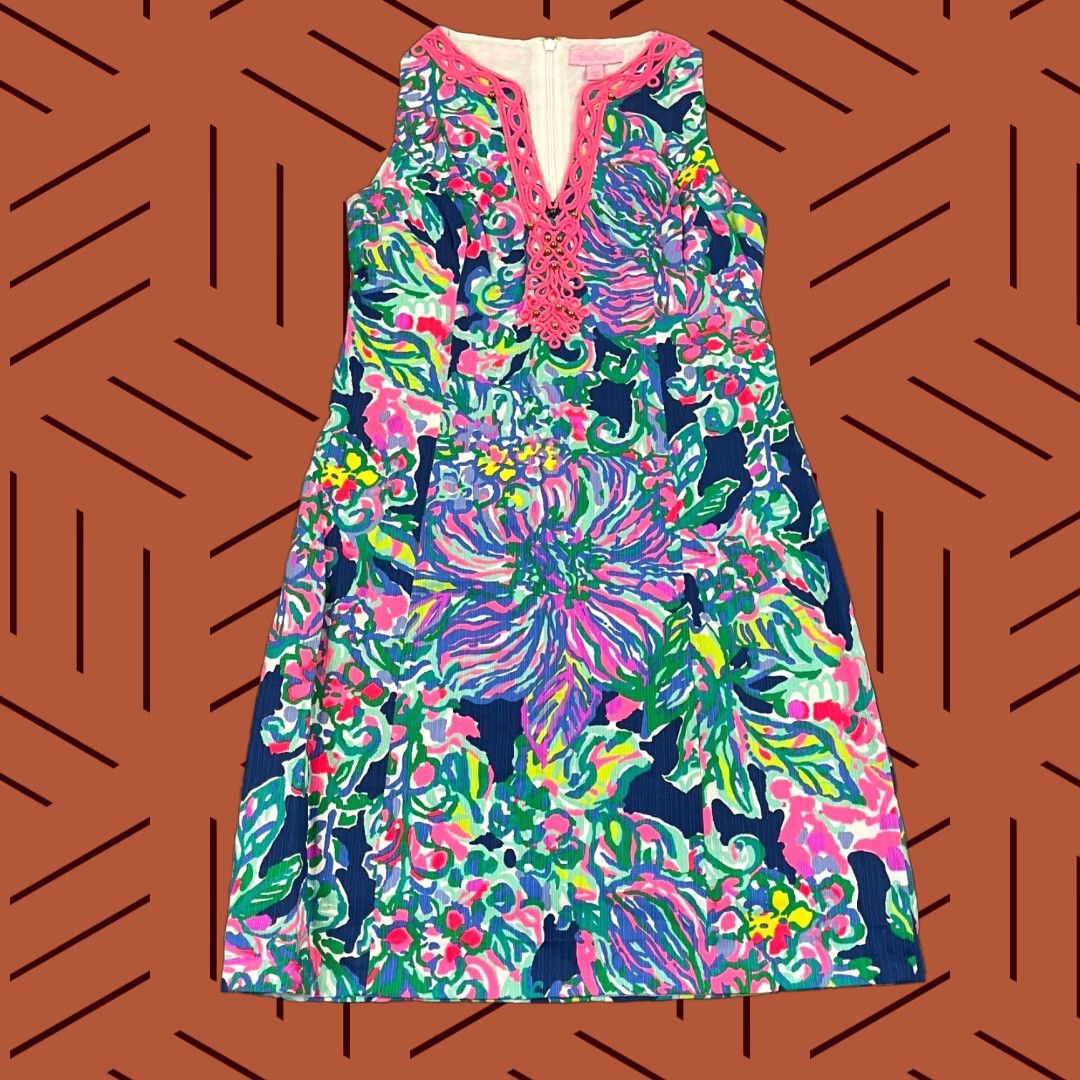 Lilly Pulitzer Lilly Pulitzer Ryder Shift Dress Womens Size 0 Seaside Allure Escapade Bead Lace Floral Multicolor Slim Short Sleeve V-Neck Zip Size XS / US 0-2 / IT 36-38 - 1 Thumbnail