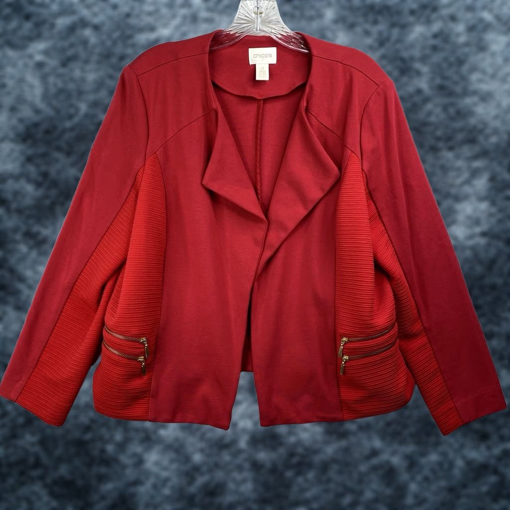 Vintage Chico's Red Zippers Detail Moto Jacket Blazer Office Career Open Front Shirt Womens Size L Size L / US 10 / IT 46 - 1 Thumbnail