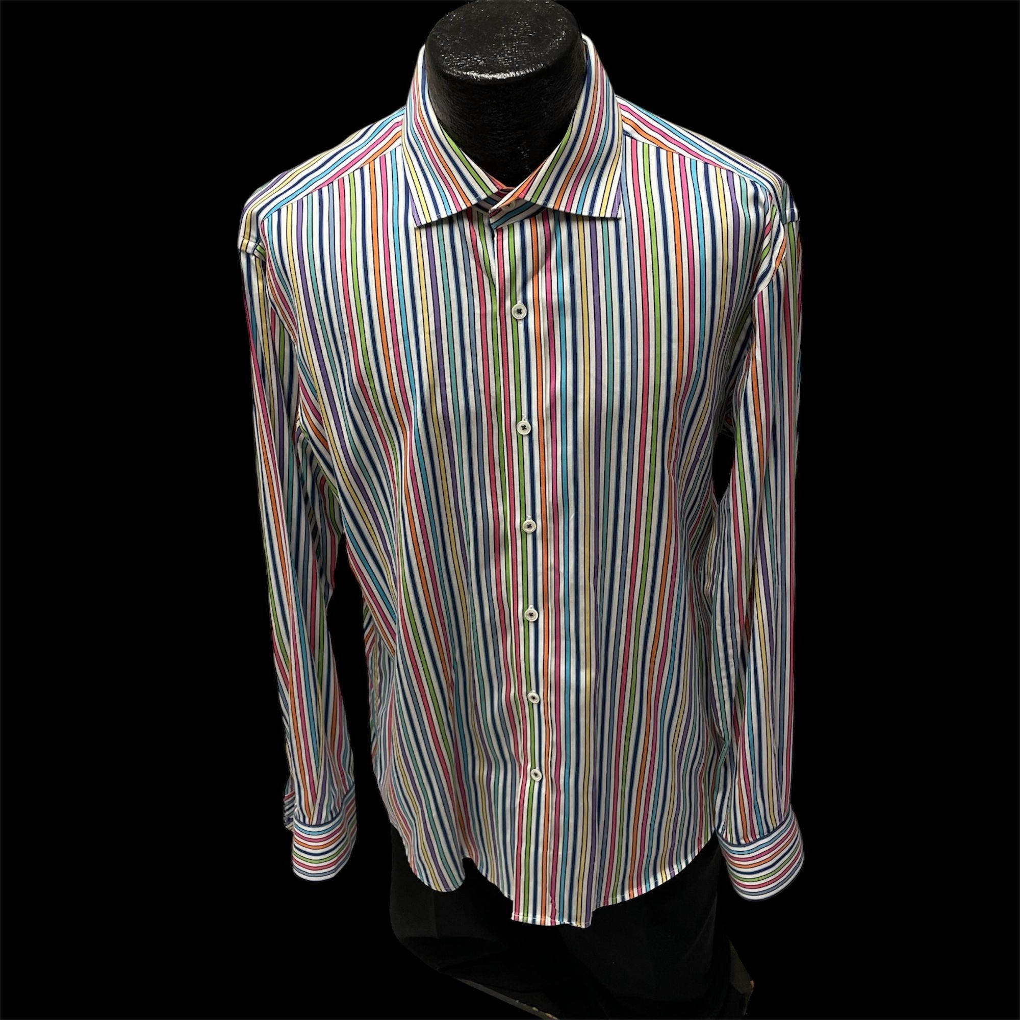 Bugatchi Bold RAINBOW STRIPE Button Up Spread Collar Shirt