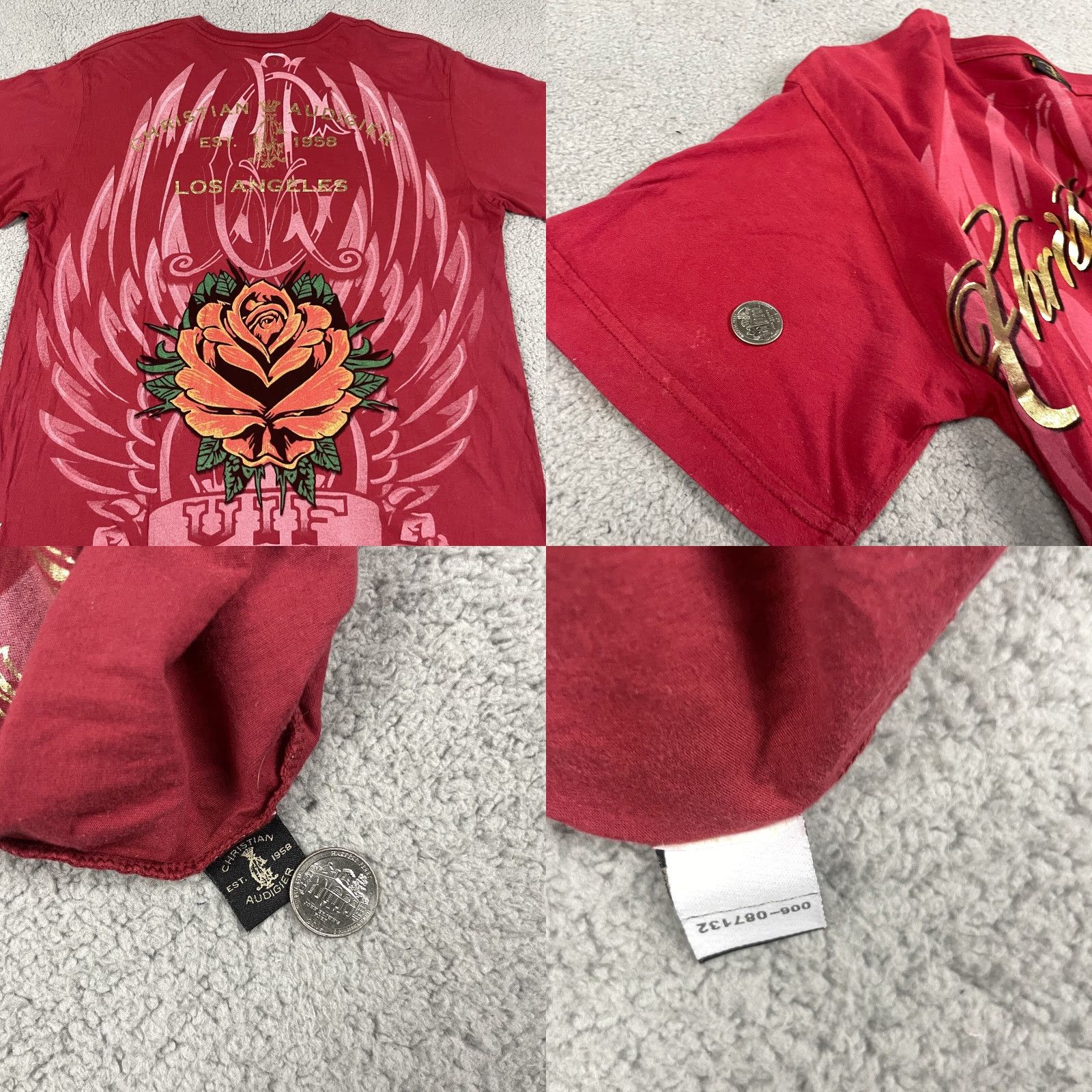 Vintage Christian Audigier T shirt Men’s L Red Short Sleeve AOP Gold Eagle Rose Rare* Size US L / EU 52-54 / 3 - 9 Thumbnail
