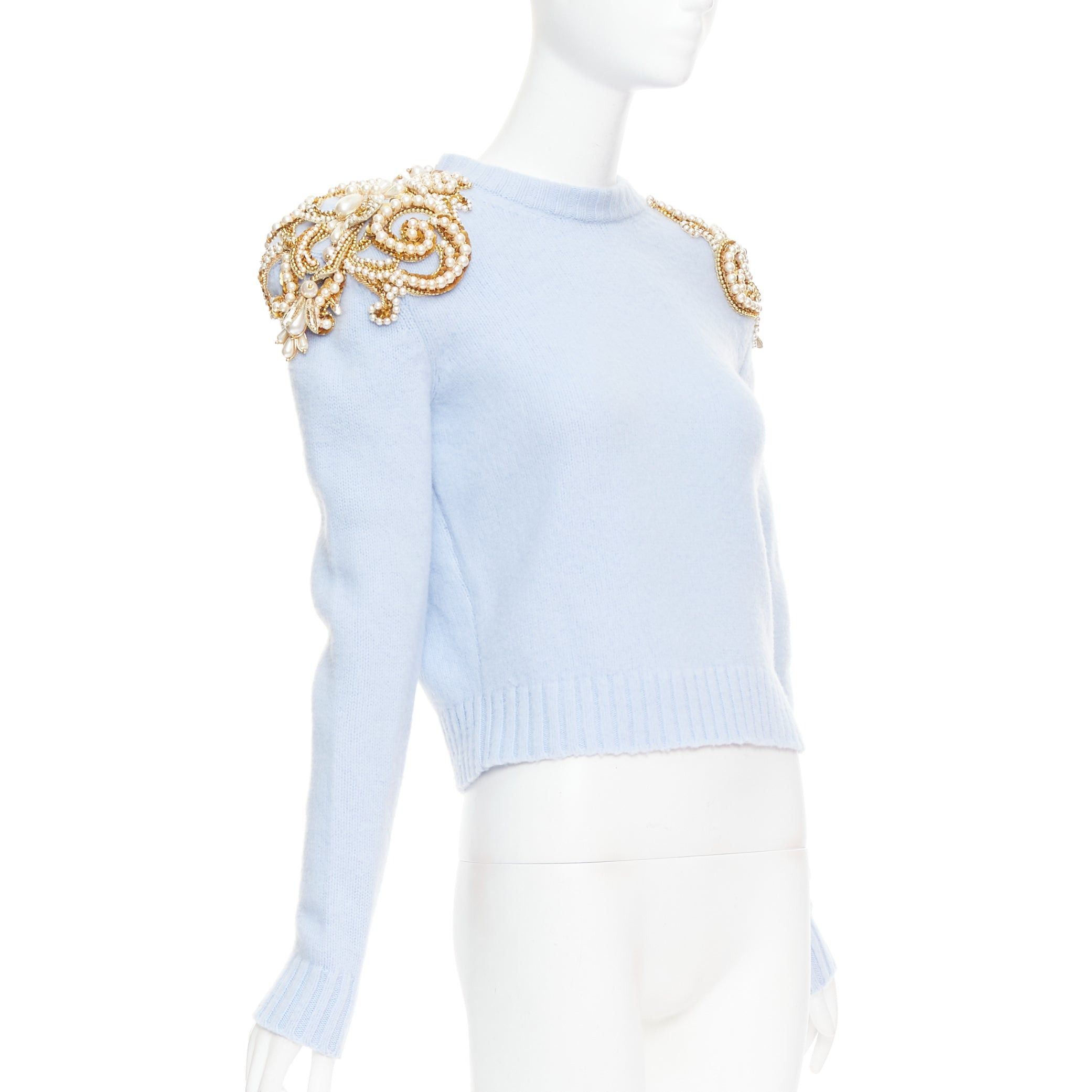 Balmain BALMAIN powder blue wool cashmere gold pearl embellished sweater FR36 S Size S / US 4 / IT 40 - 1 Thumbnail