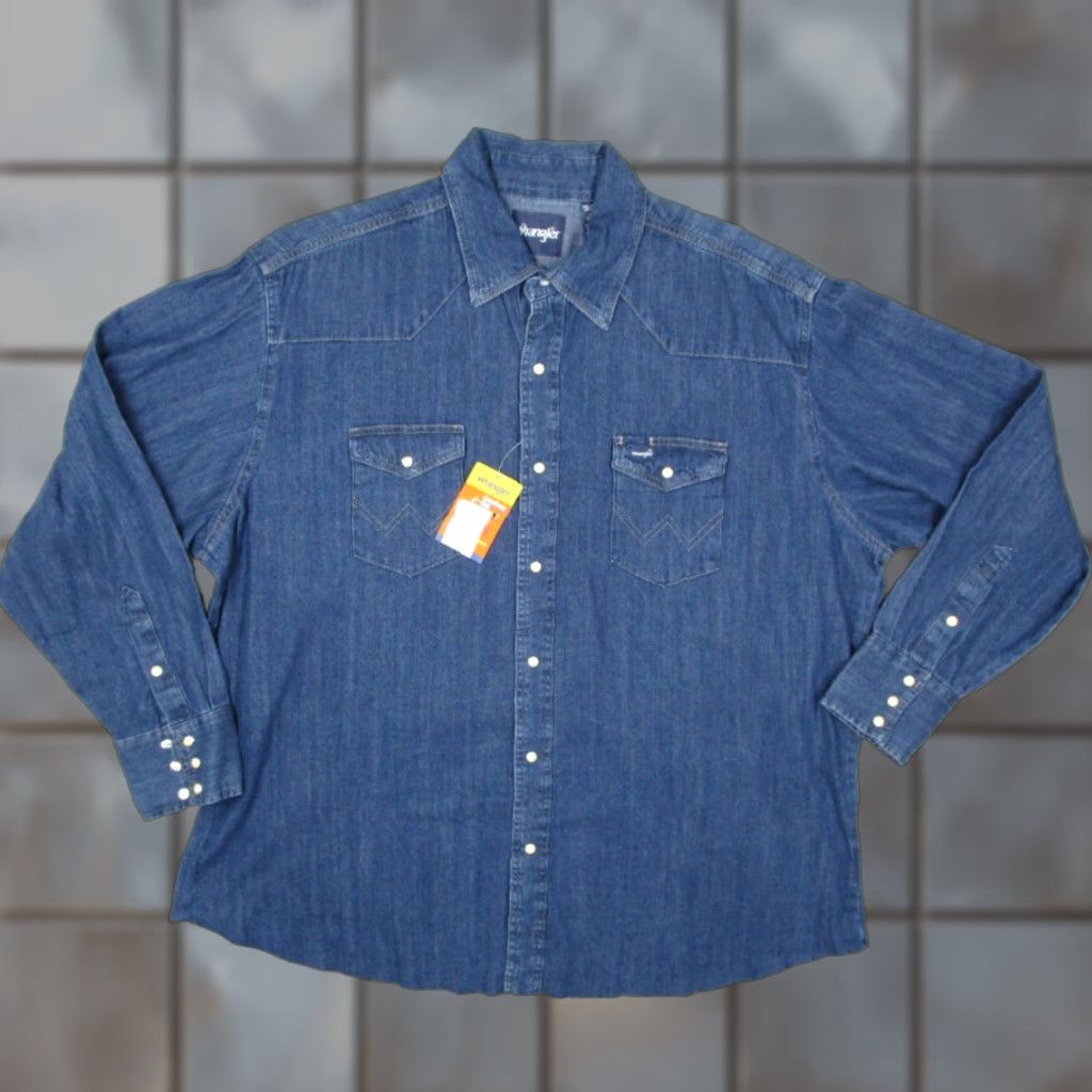 VINTAGE Wrangler Denim Shirt Men 2XL Blue Long Sleeve Cowboy Cut