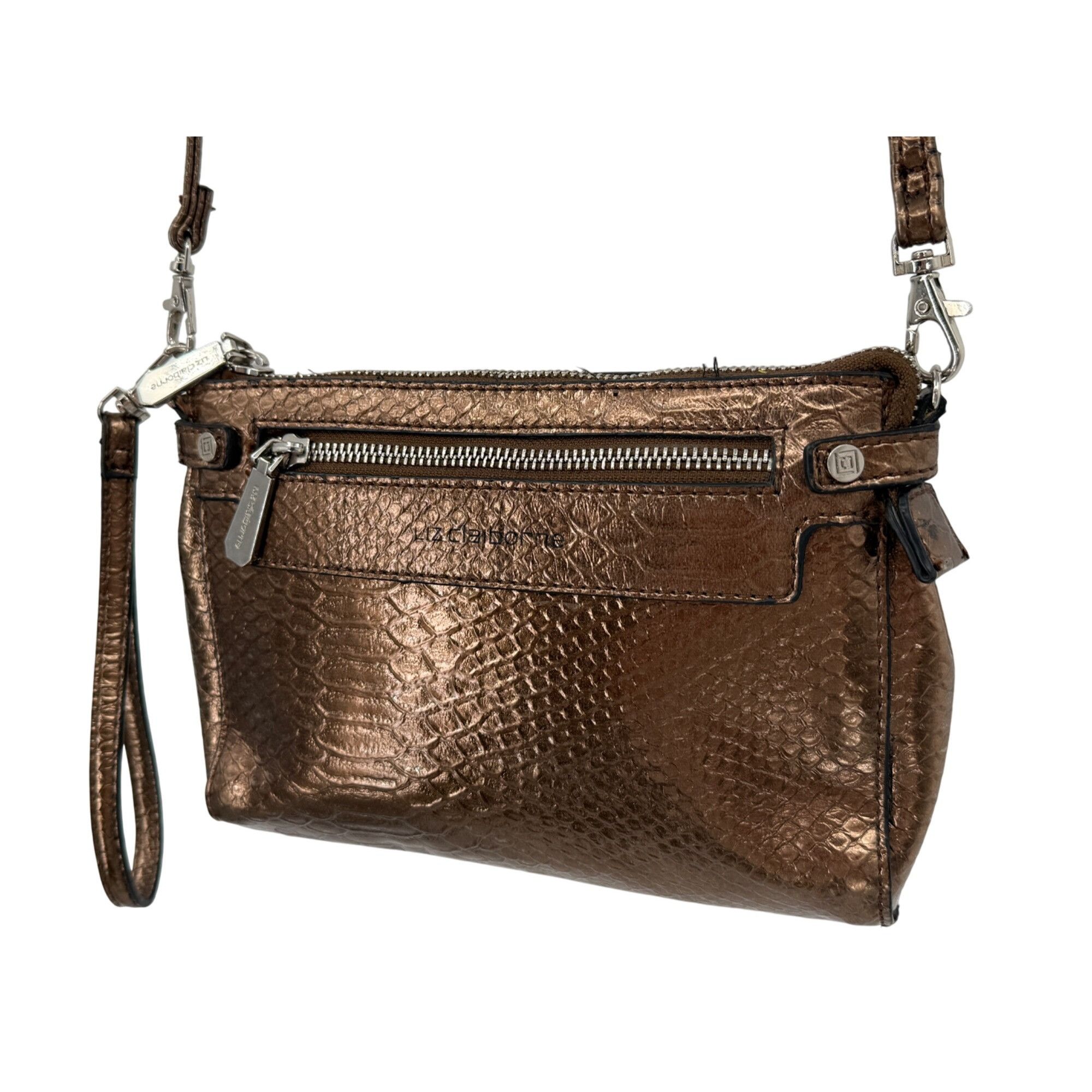 Liz Claiborne Metallic Bronze Snake-Embossed Faux Leather Crossbody Wristl Size ONE SIZE - 1 Thumbnail