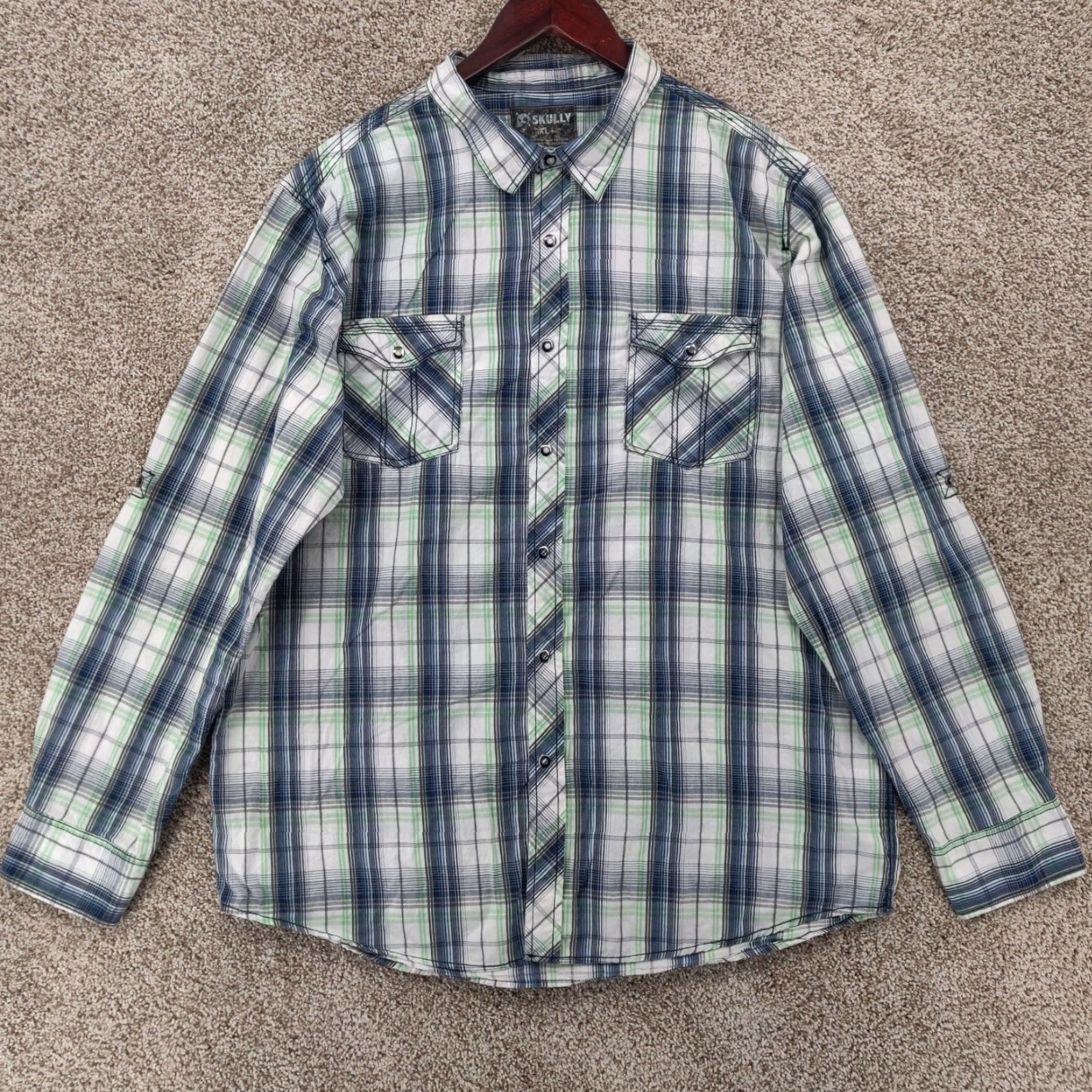 Vintage SKULLY Shirt Mens XL Blue Green Plaid Flannel Button-Up Snap Roll Up Sleeves Long Sleeve Casual Classic Outdoor Western Size US XL / EU 56 / 4 - 2 Thumbnail