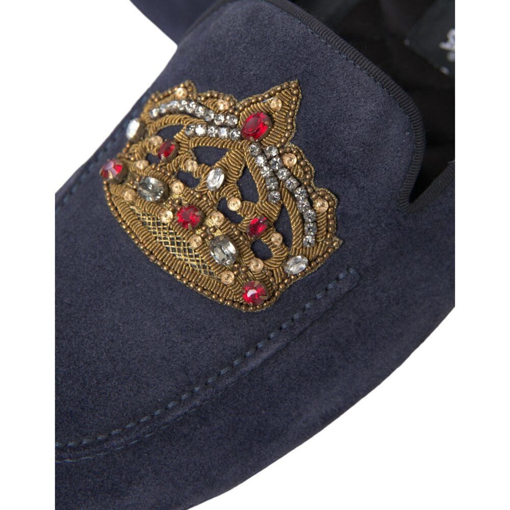 Dolce & Gabbana Dolce & Gabbana Blue Leather Suede Crystal Crown Loafers Sho Size US 7 / EU 40 - 8 Thumbnail