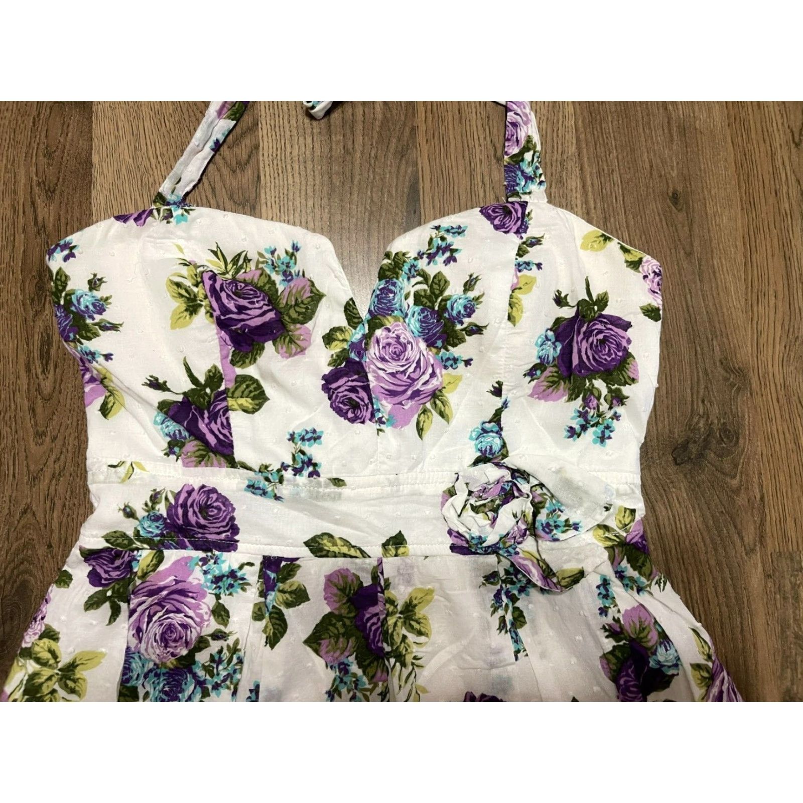 Vintage City Triangles Dress, Women's Size 9, Halter, Floral, White, Purple, Blue, Green - Fit & Flare, Short, Casual, Regular, Spring Summer Fall, Womens Size M / US 6-8 / IT 42-44 - 6 Thumbnail