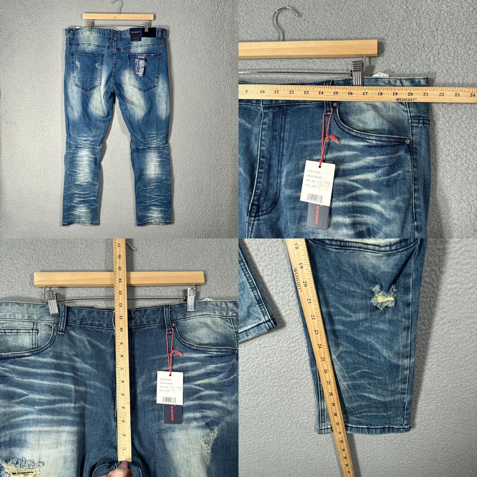 Vintage Smoke Rise Jeans Slim Tapered 42x32 Blue Light Wash Distressed Jeans Mens Slim Fit Denim JP8031 Size US 42 / EU 58 - 9 Thumbnail