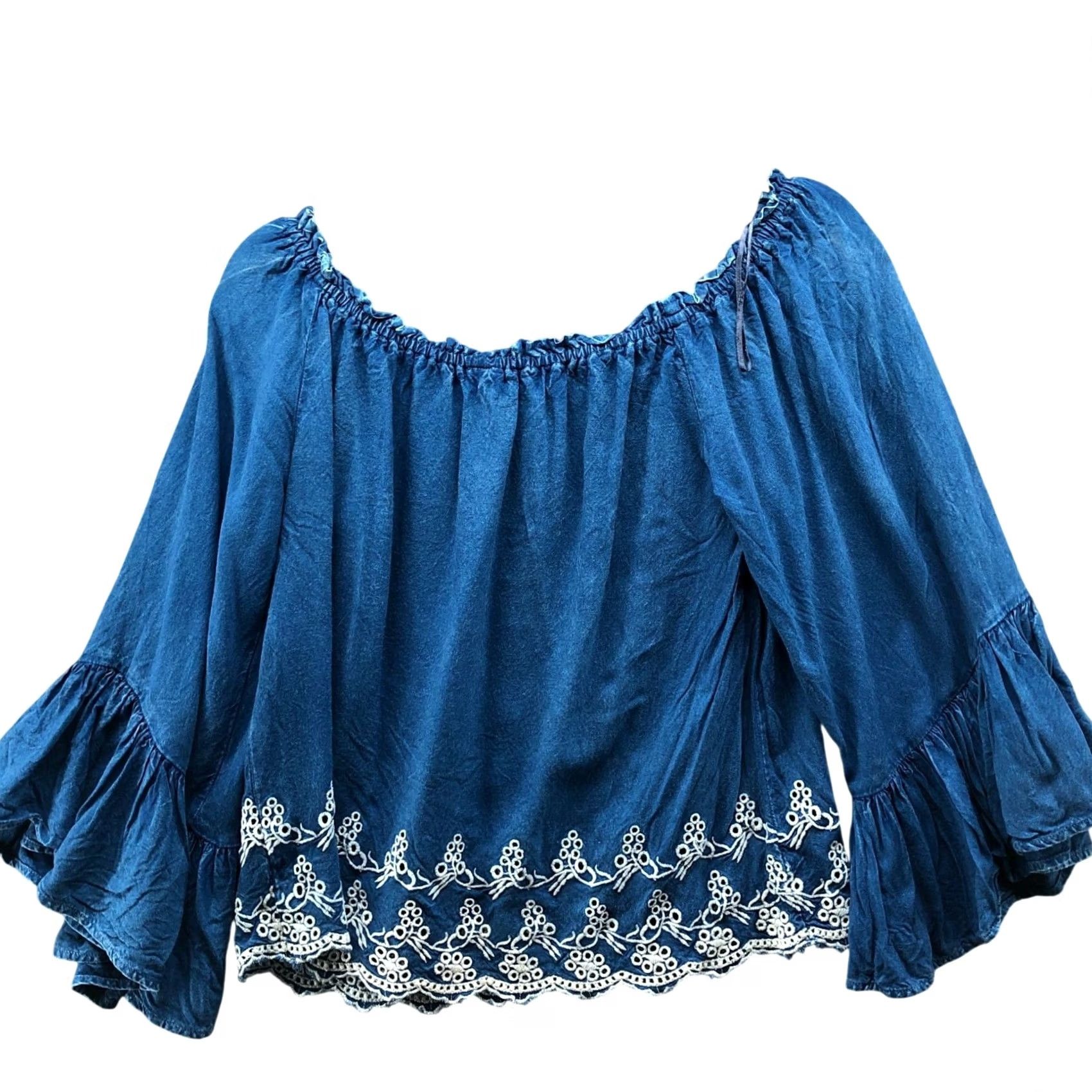 Vintage Elan Off Shoulder Bell Sleeve Top Womens M Blue Eyelet Hem Boho Mineral Wash Size M / US 6-8 / IT 42-44 - 2 Thumbnail
