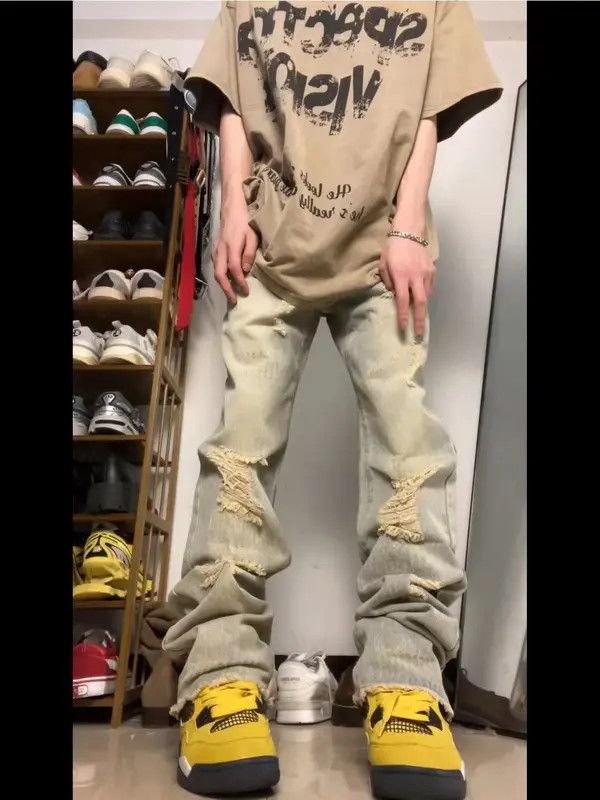 Japanese Brand VIBE Retro yellow mud-dyed ripped raw edge denim trousers Size US 32 / EU 48 - 4 Thumbnail