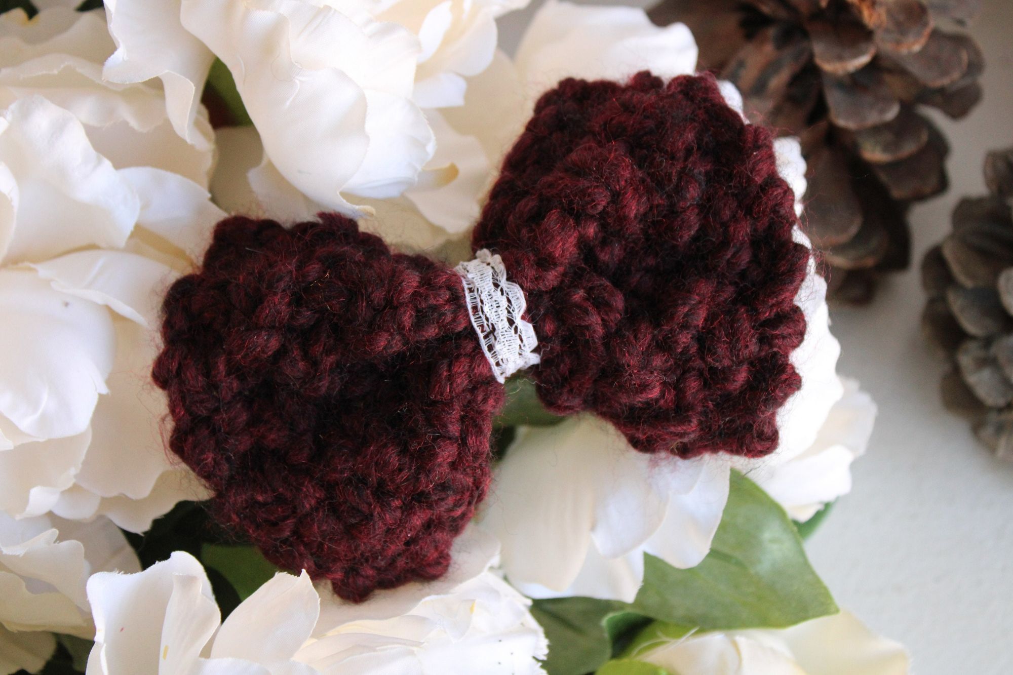 Handmade Knit Hair Bow, Handknitted Burgundy Ponytail Holder or Hair Size ONE SIZE - 10 Thumbnail