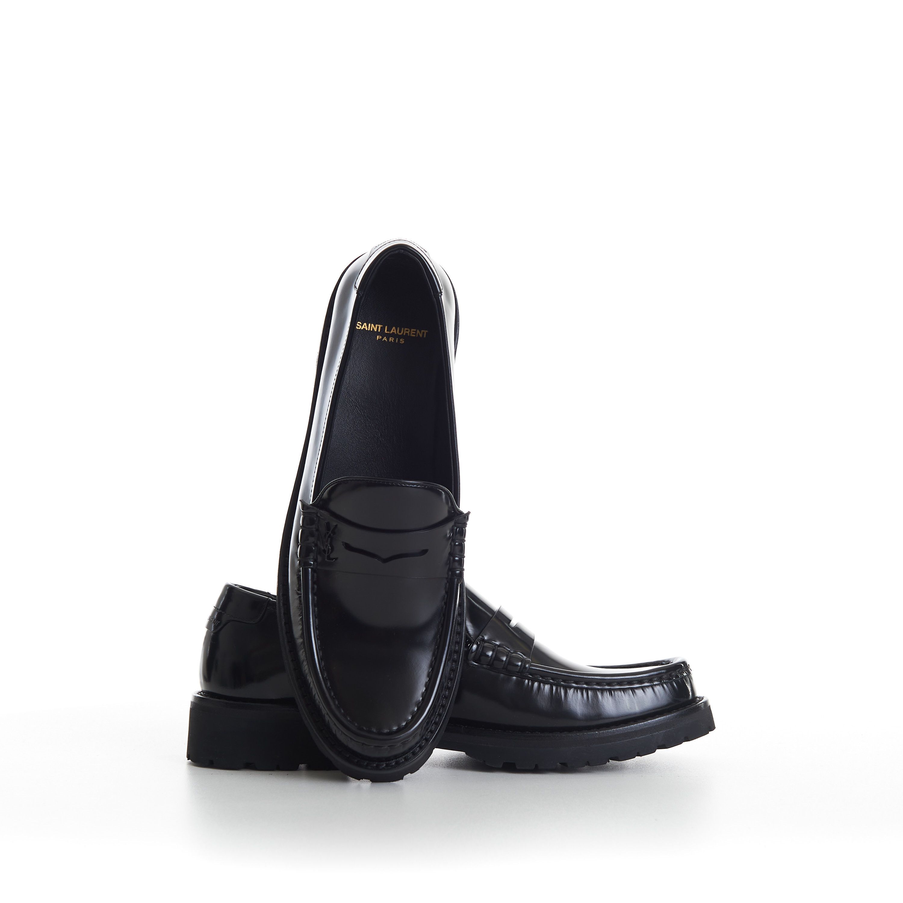 Saint Laurent Paris Black Penny Loafers - Chunky Sole, Glazed Leather, YSL Size US 11 / EU 44 - 12 Thumbnail