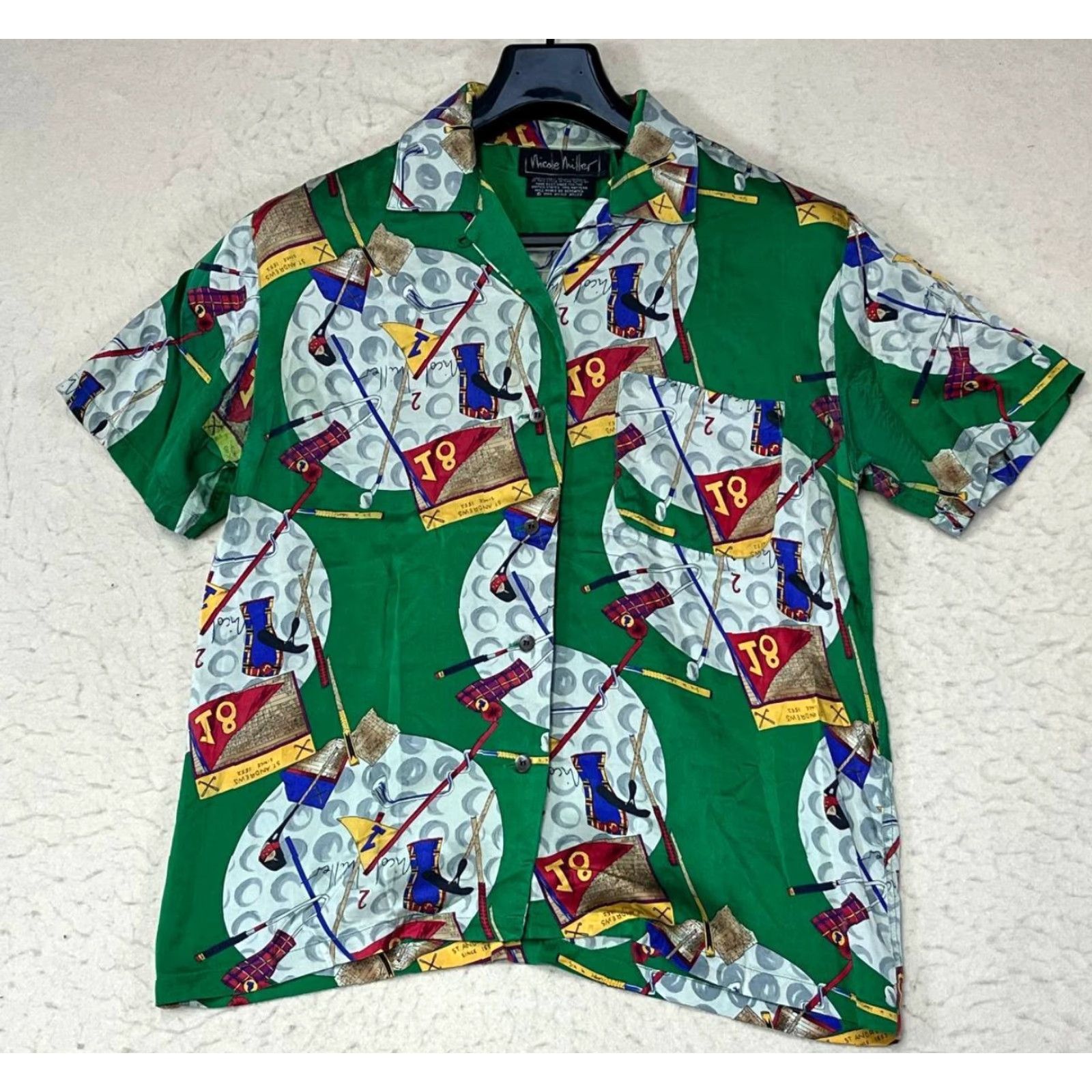 VINTAGE Nicole Miller Button-Up Shirt M 90s Multicolor Silk Jersey Short Sleeve Geometric Logo Pocket USA Collar Spread Men Regular Limited Edition