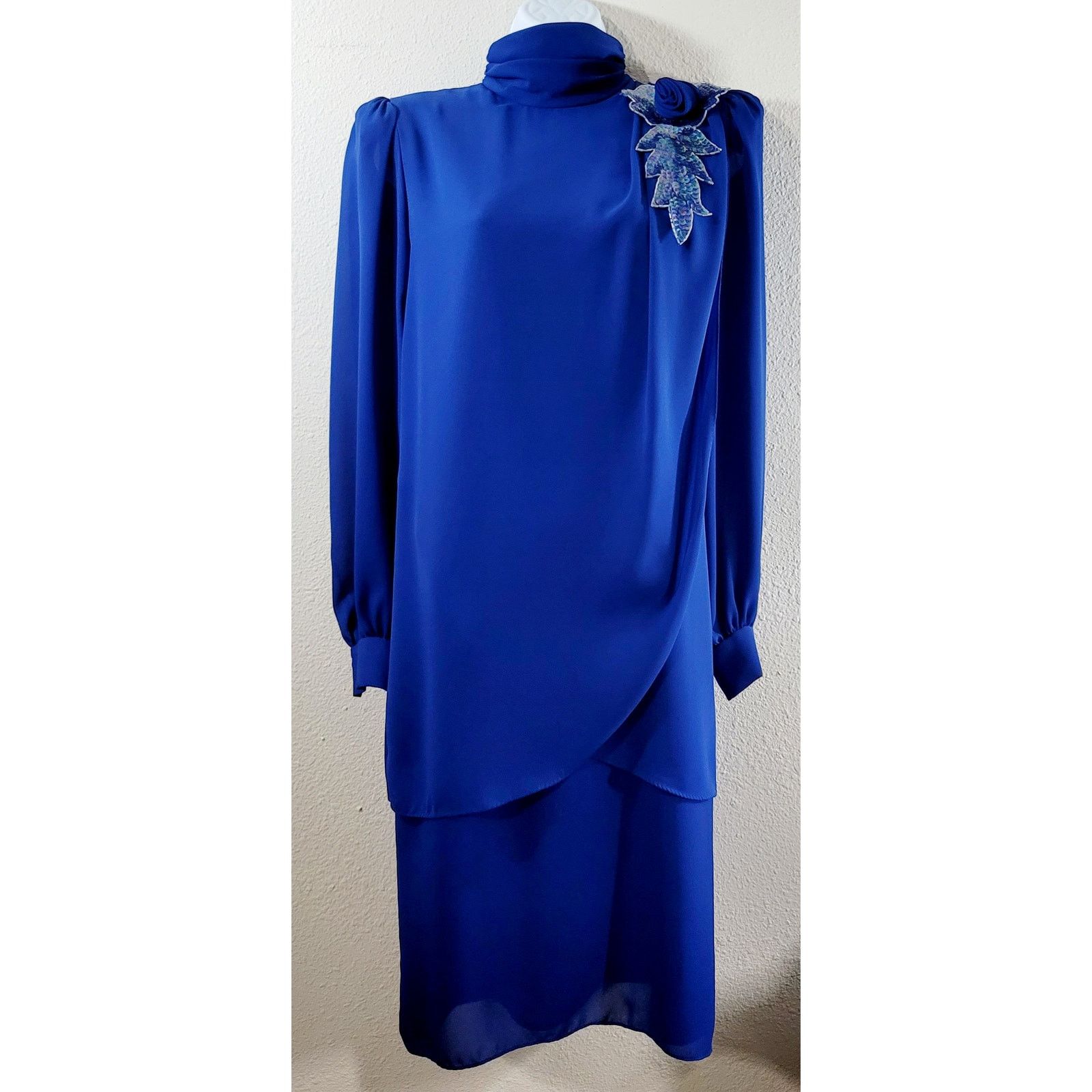 VTG After Dark Blue Pleated Cross Over Ruffle Dress Large