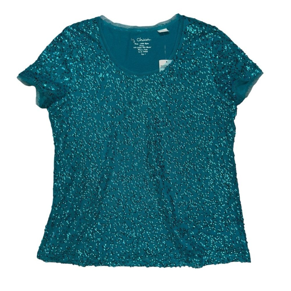 Chicos NWT New $79 Chico's Sasha Sequin Teal Tee Size 1 US M Size M / US 6-8 / IT 42-44 - 5 Thumbnail