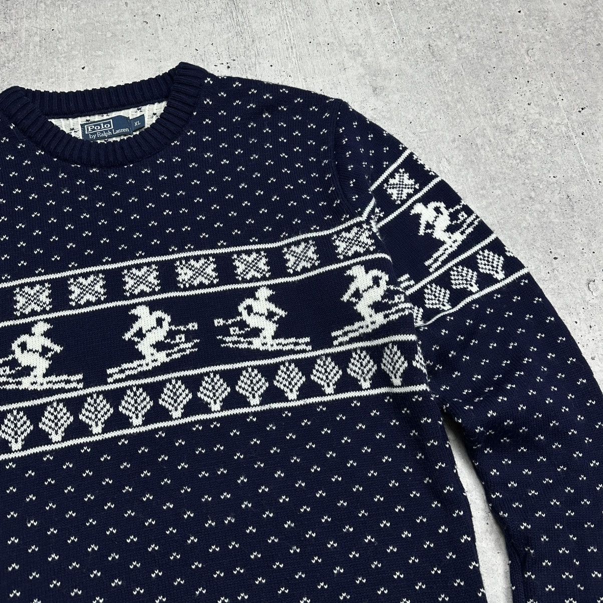 Polo Ralph Lauren × Vintage Polo Ralph Lauren Navy Multi Skier Graphic Cotton Sweater Size US L / EU 52-54 / 3 - 4 Thumbnail