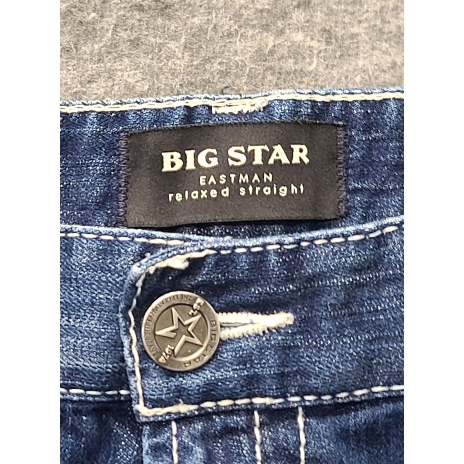 Vintage BIG STAR Eastman Jeans Mens 38x29 Straight Leg Distressed Stretch Denim Blue 5-Pocket Regular Waist Size 38 Cotton Spandex Buckle Bke Brand Size US 38 / EU 54 - 2 Thumbnail