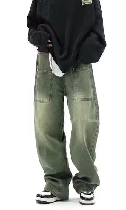 image of Unisex Multi-Pocket Washed Wide Leg Jeans in Green, Men's (Size 32)