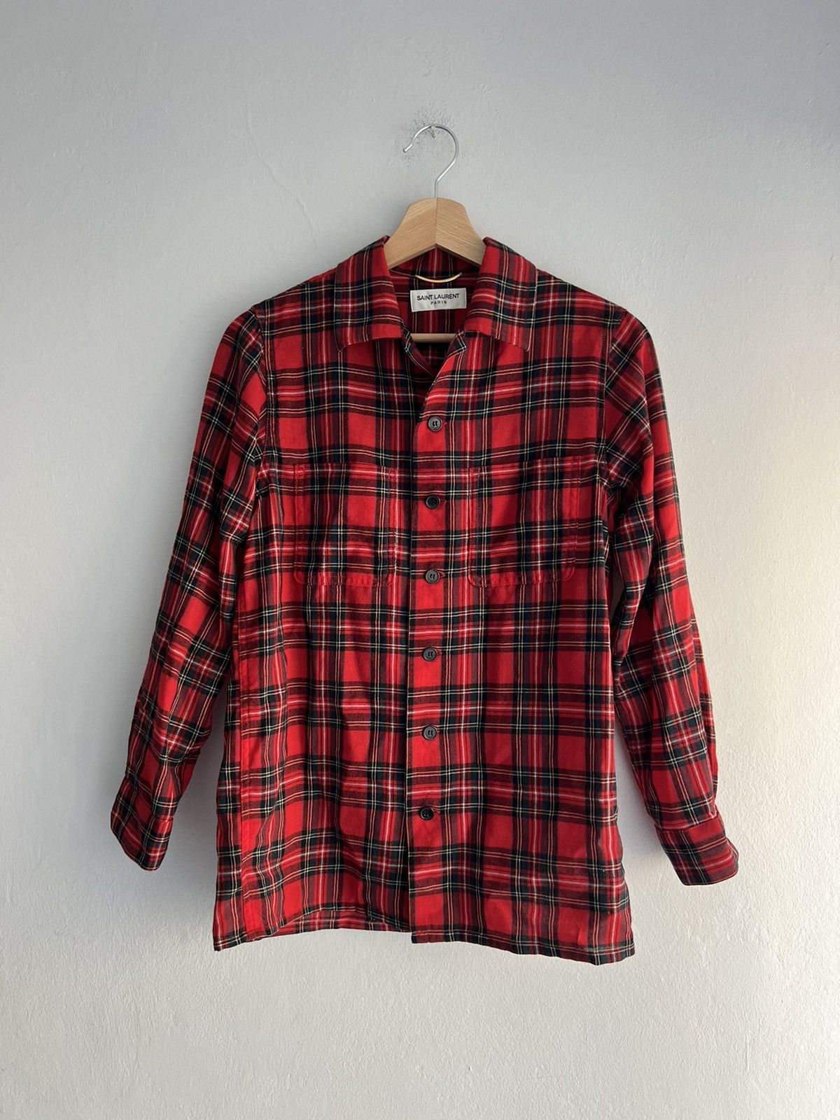 image of Ss15 Saint Laurent Paris Wool Checkered Red Shirt, Men's (Size Small)