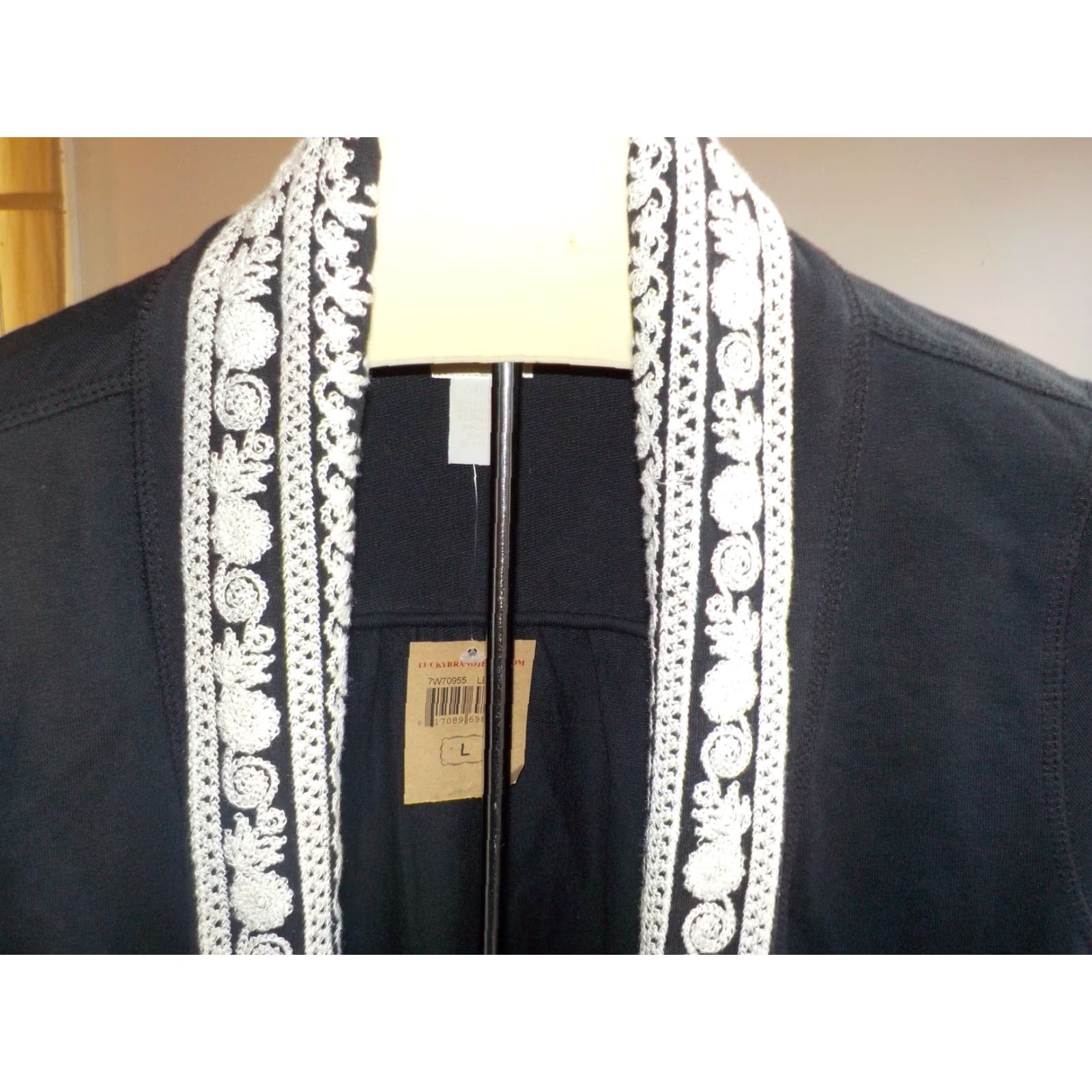 Lucky Brand Lucky Brand Knit Blazer Black with Ivory Embroidered Trim Open Blazer L Womens Knits Size L / US 10 / IT 46 - 2 Thumbnail