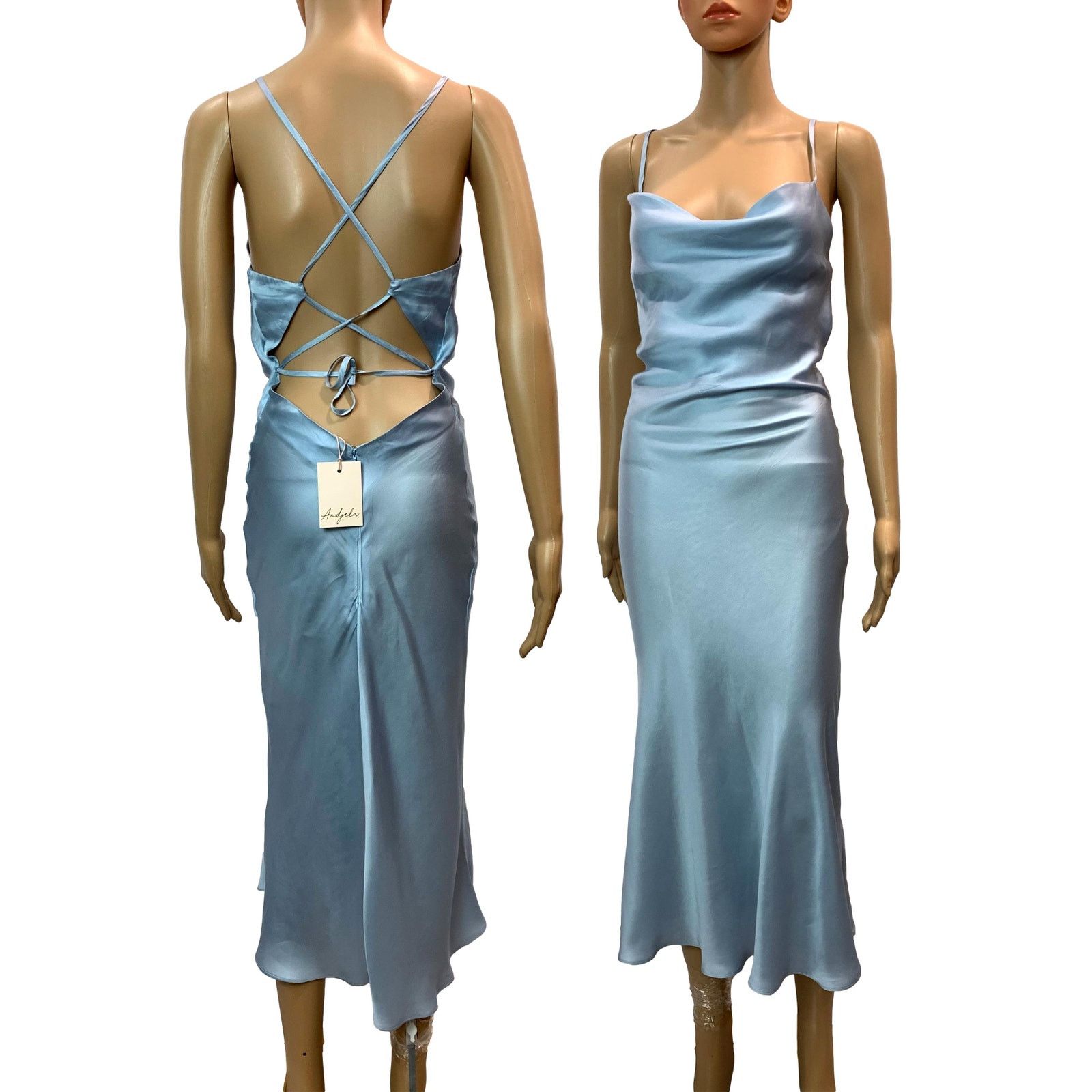 Other NWT Andjela "Kate" Icy Blue Satin Slip Open Back Midi Dress Size XS / US 0-2 / IT 36-38 - 6 Thumbnail