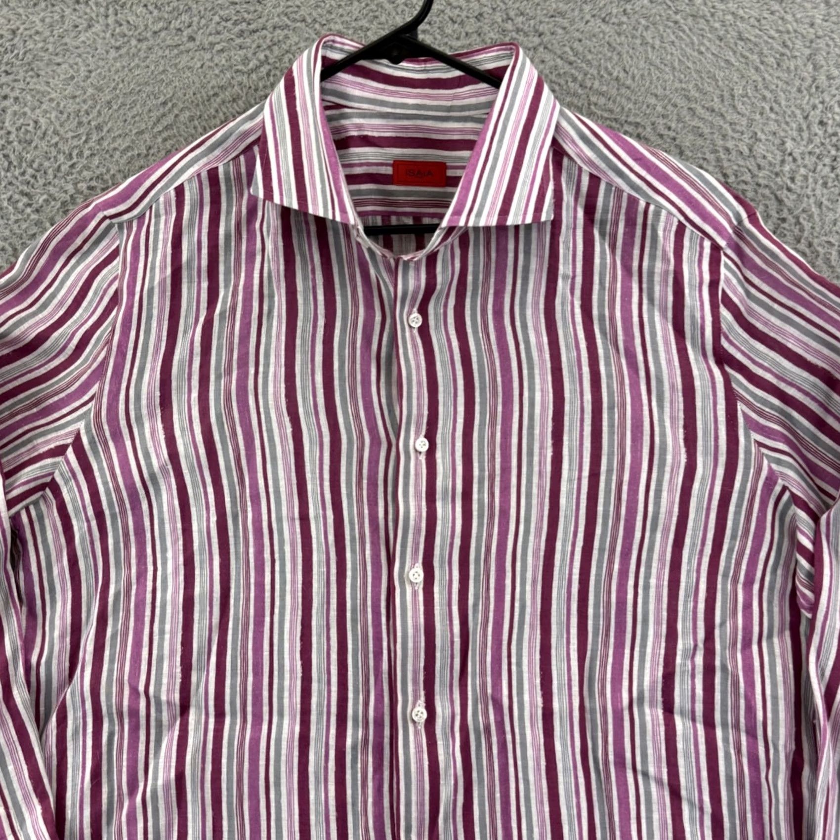 Isaia Isaia Shirt Mens 17.5 Pink Striped Linen Long Sleeve Collared Dress Button Preppy Shirt Men XL 2XL Vintage: No Size 48R - 3 Thumbnail