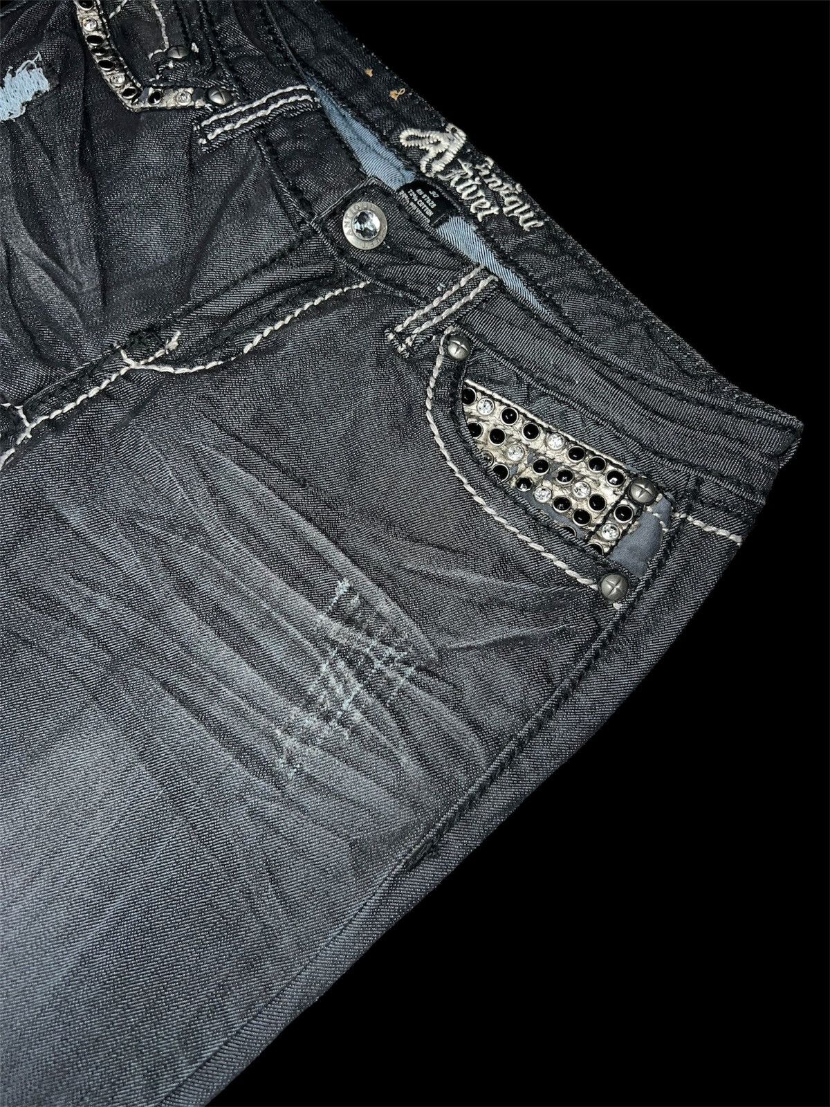 Japanese Brand Antique Rivet Crystal Studded Distressed Jeans Size US 30 / EU 46 - 9 Thumbnail