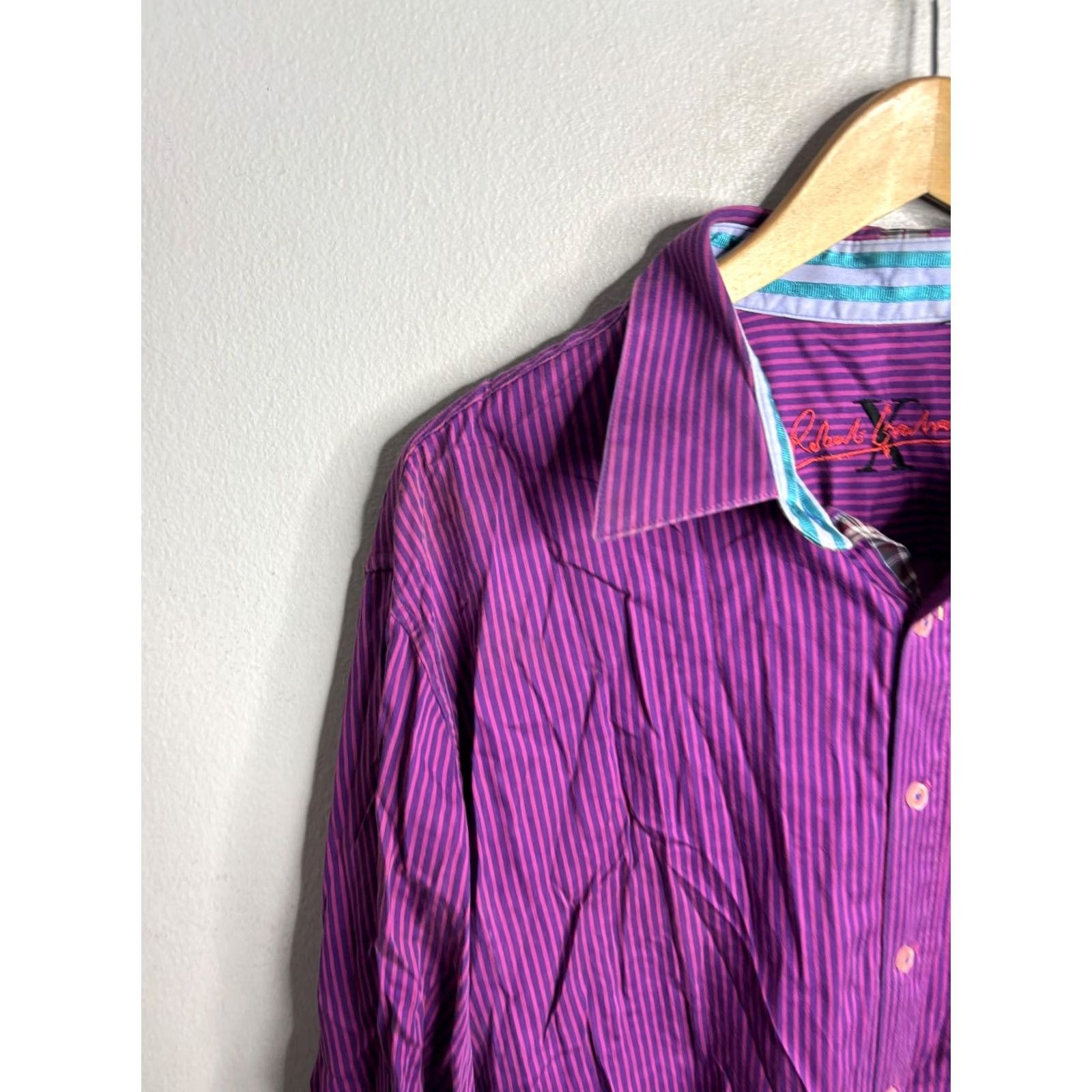 Robert Graham Robert Graham X Shirt Mens 2XL Purple Striped Button Front Contrast Cuff Trim Size US XXL / EU 58 / 5 - 2 Thumbnail