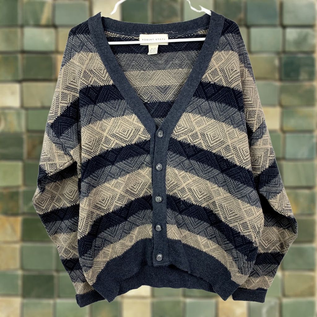 Vintage VINTAGE Robert Stock Cardigan Sweater XL Men’s Acrylic Blue Striped 1980s 1990s Casual Size US XL / EU 56 / 4 - 1 Thumbnail