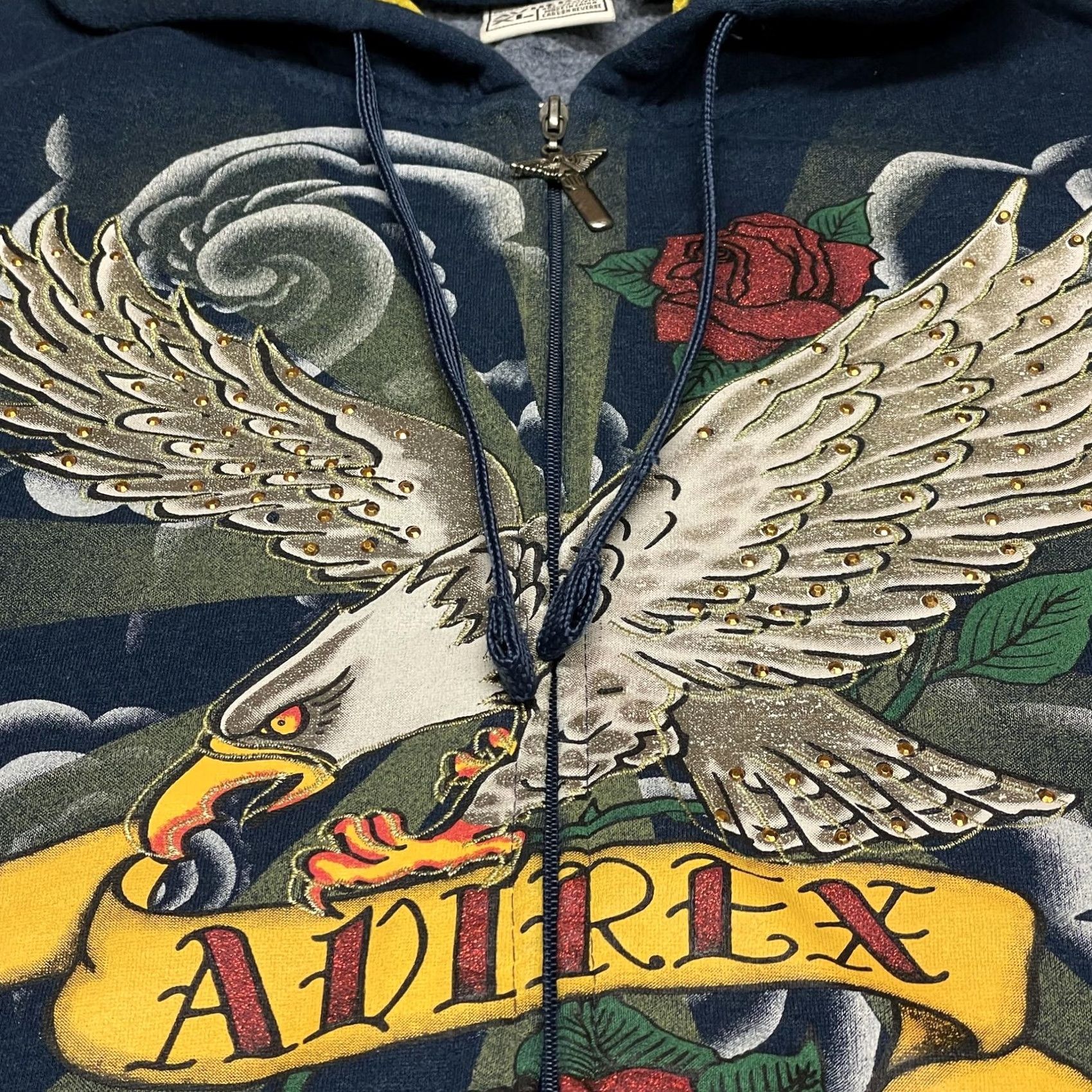 Avirex VINTAGE Avirex Hoodie Mens XL Blue Full Zip Graphic Eagle Rose Rhinestone Embellished Size US XL / EU 56 / 4 - 4 Thumbnail