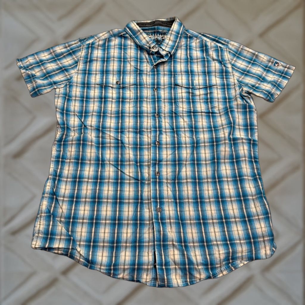 Vintage Kuhl Button-Down Shirt Mens M Blue Plaid Short Sleeve Linen Cotton Outdoor Casual Utility Shirt Adult Medium Blue Plaid Mens Size US M / EU 48-50 / 2 - 1 Thumbnail