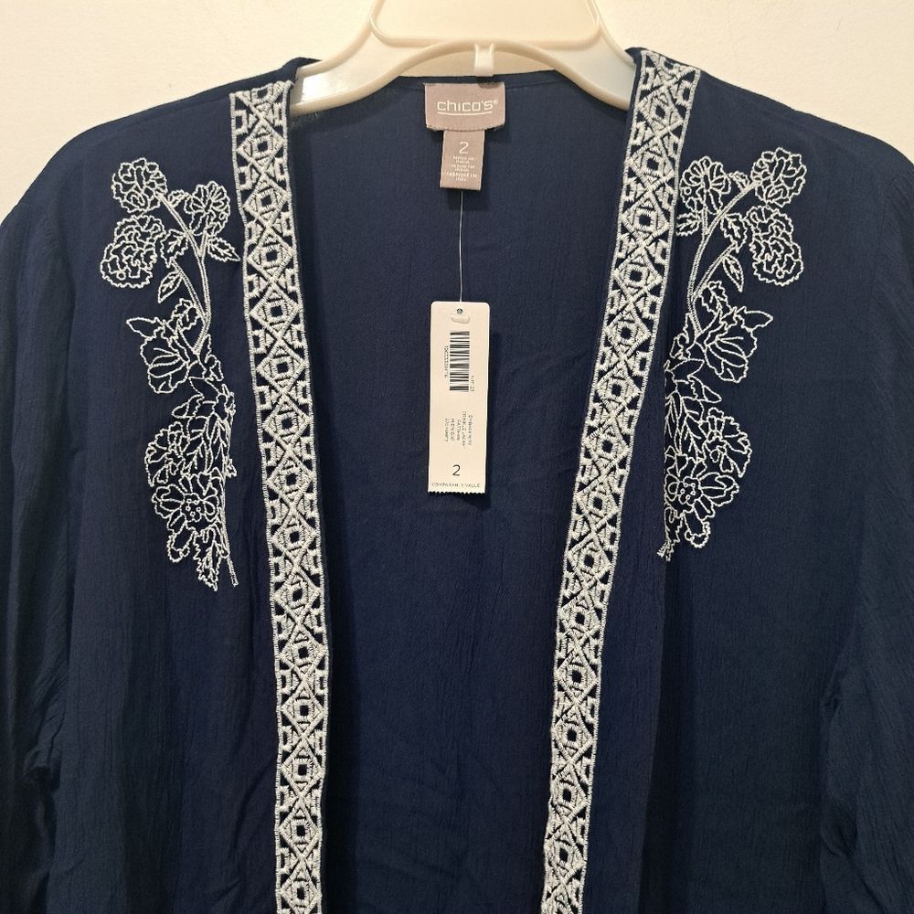 Chicos Chico's Floral Embroidery Pattern Crinkle Open Front Cardi J Size L / US 10 / IT 46 - 10 Thumbnail