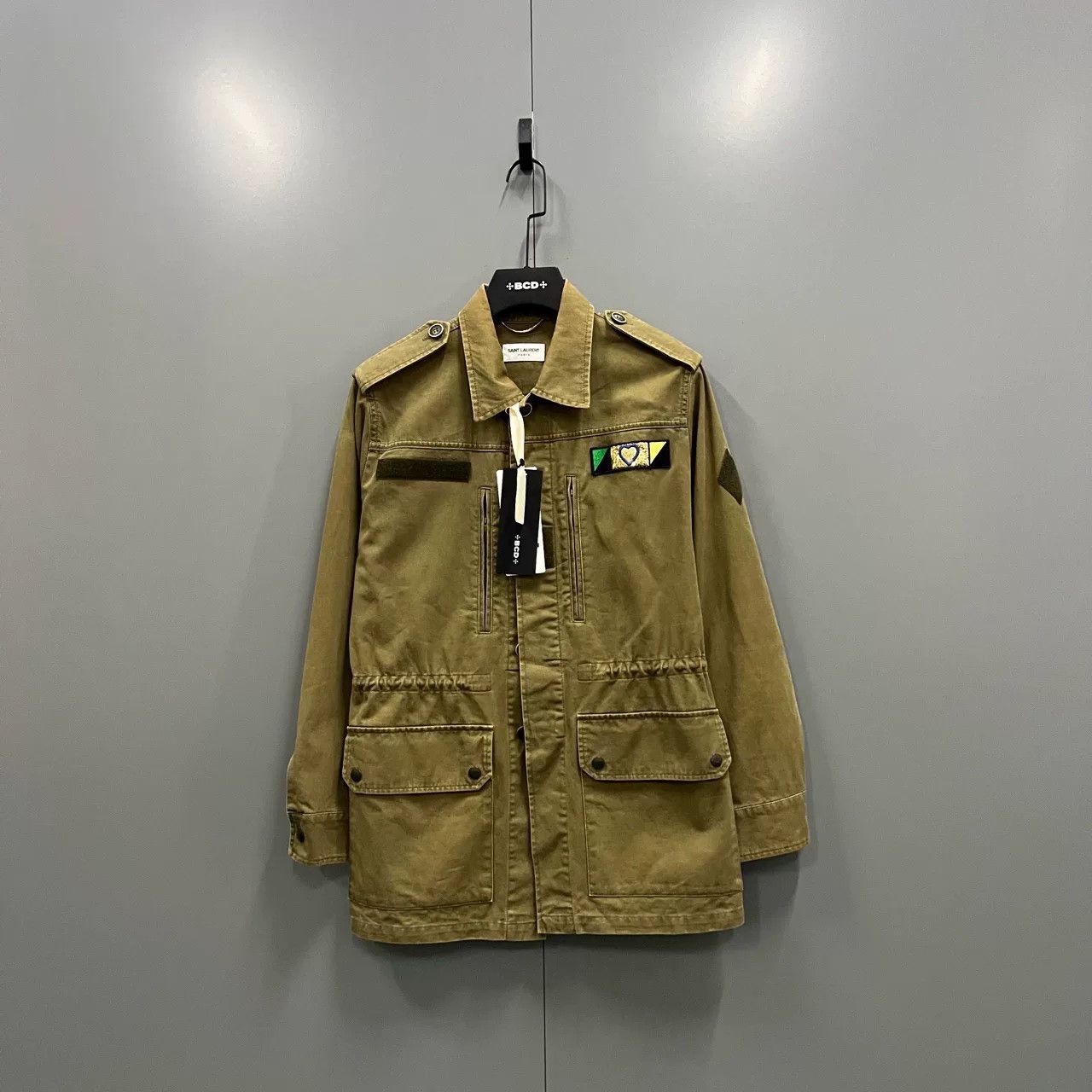 saint laurent green embroidered logo denim jacket