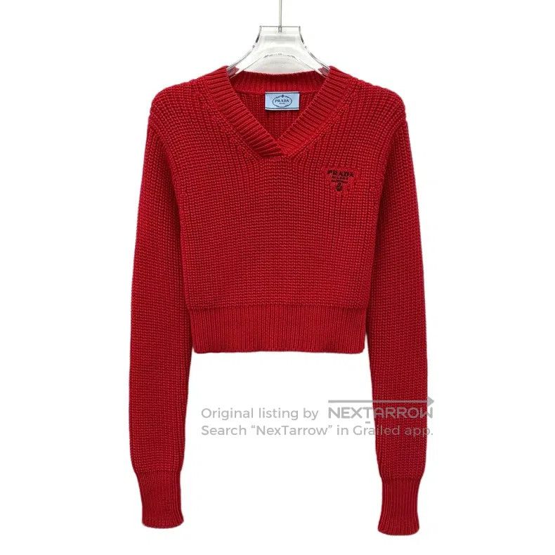Prada Prada Red logo letter embroidery cotton V-neck long-sleeve Size XXS / US 00 / IT 34 - 1 Thumbnail