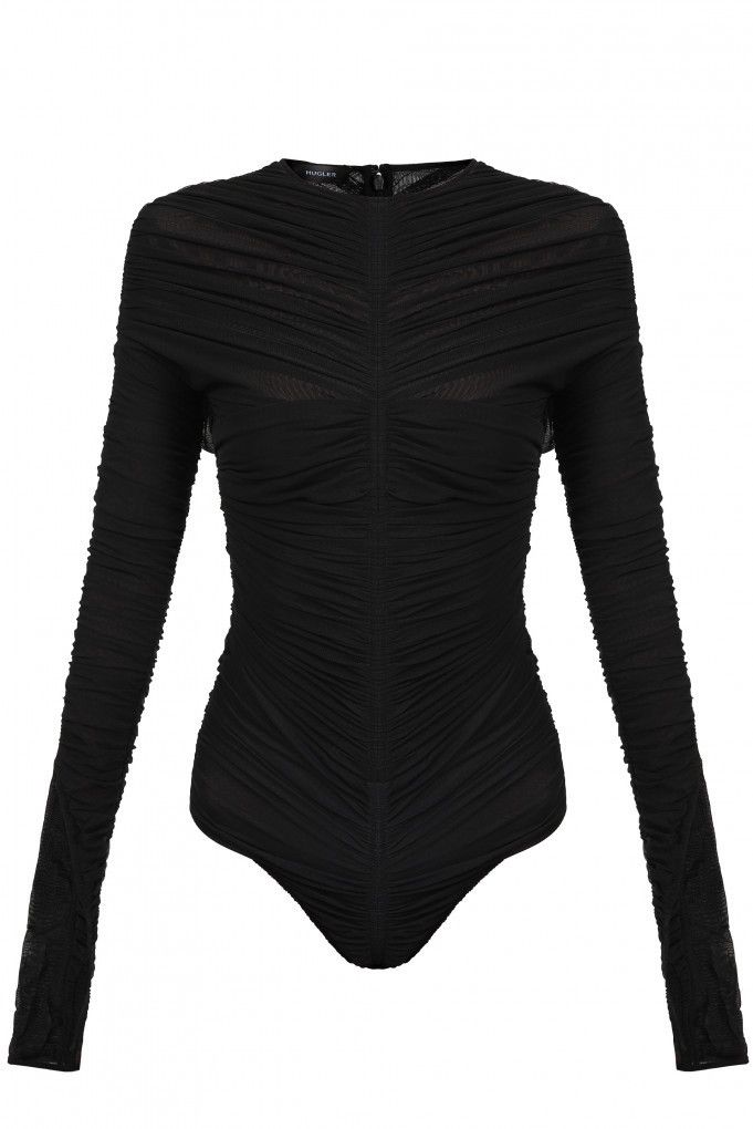 Mugler Last Size Mugler Gathered Semi-Sheer Black Bodysuit Size XS / US 0-2 / IT 36-38 - 1 Thumbnail