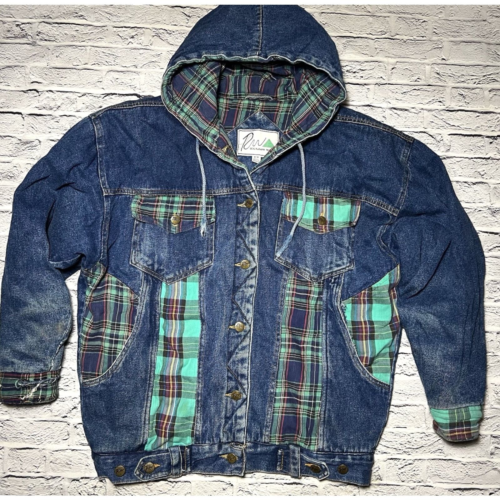 Rainbow VINTAGE Rainbow West Heavy Denim Jacket Geometric Plaid Trim Quilted Hooded Padded Pockets Unisex Adults M Blue Fall Winter Size M / US 6-8 / IT 42-44 - 2 Thumbnail