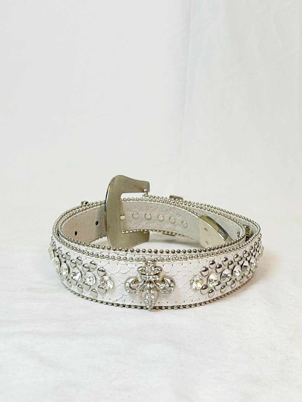 Other White Leather Snakeskin Rhinestone Fleur de Lis Western Belt Size ONE SIZE - 5 Thumbnail