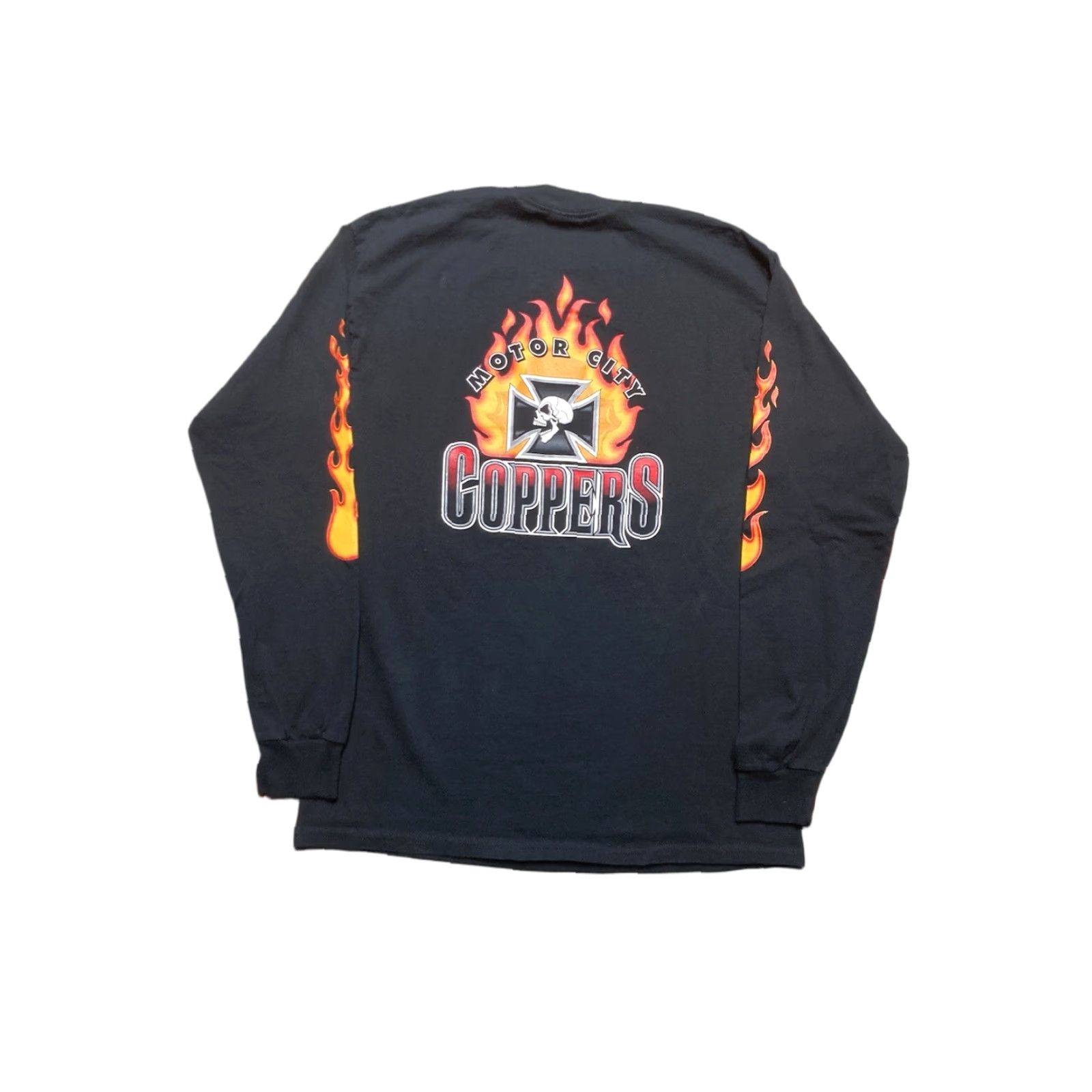 Vintage VINTAGE Cross T-Shirt Men Long Sleeve Black Grunge Motor City Coppers Flames Skull Cross Goth Large Lg Streetwear Size US L / EU 52-54 / 3 - 1 Thumbnail