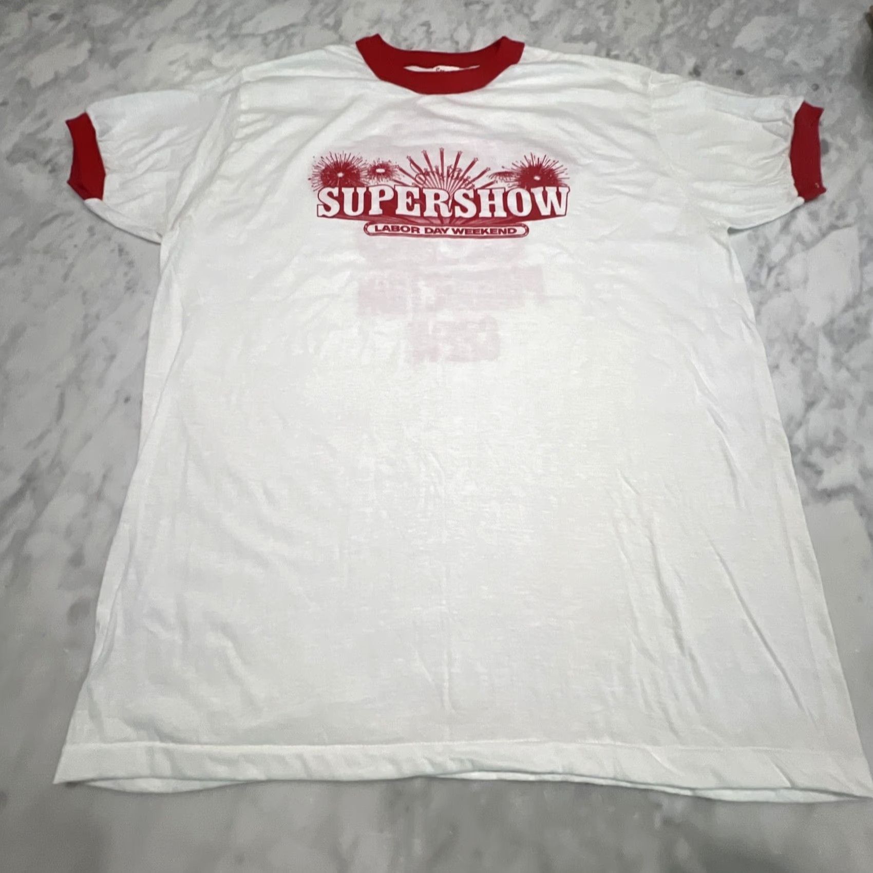 Vintage VINTAGE Jerry Lewis SUPERSHOW Ringer XL T-Shirt Crew Neck Men 80s White Short Sleeve Single Stitch Graphic Print Size ONE SIZE - 3 Thumbnail