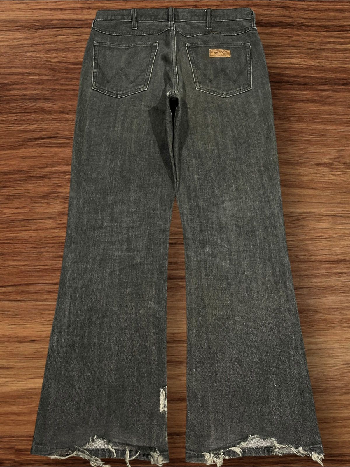 Tornado Mart Vintage Wrangler Black Washed Frayed Leg Flare Jeans Size US 33 - 2 Thumbnail