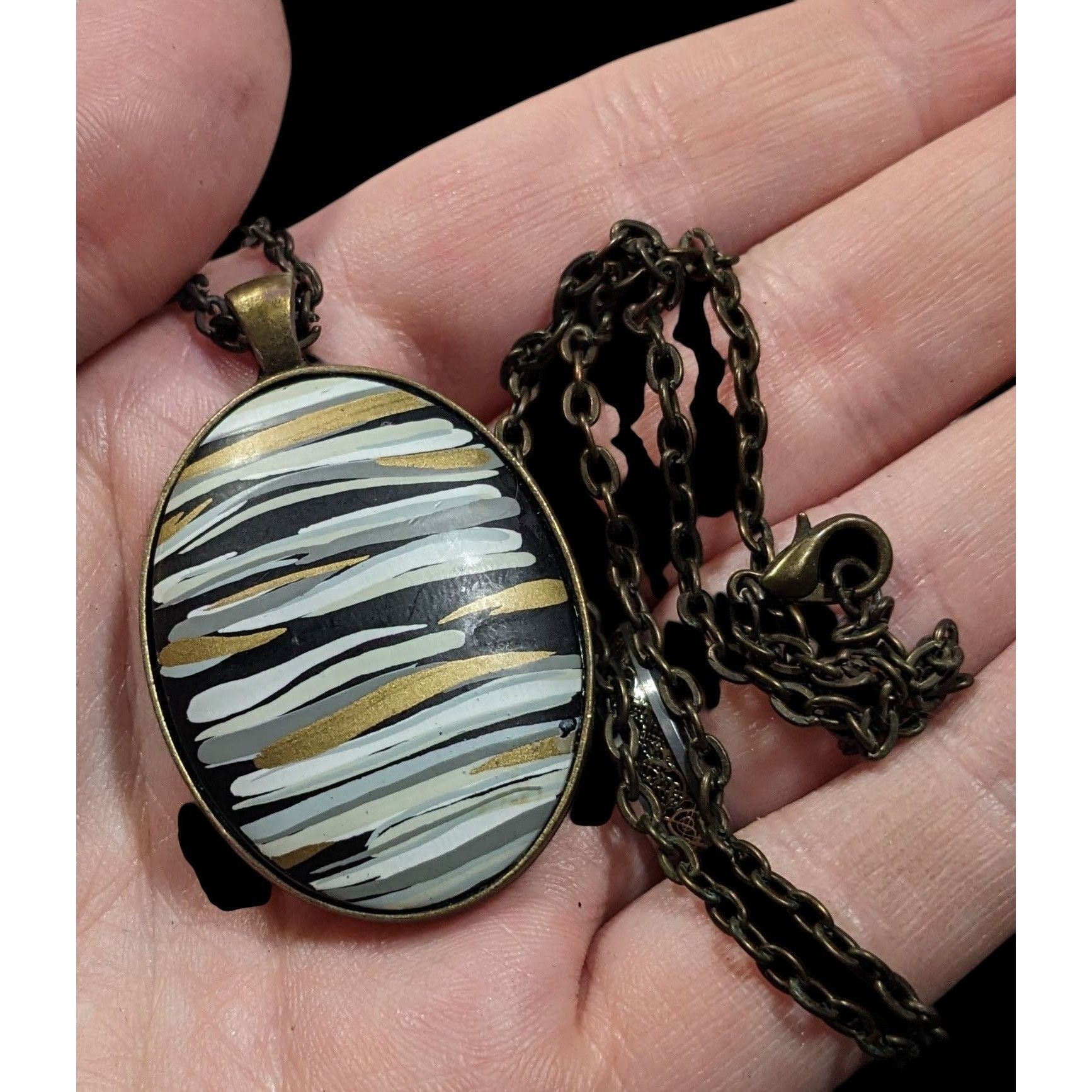 Other Hand Painted Striped Black White And Gold Tone Pendant Neckl Size ONE SIZE - 4 Thumbnail