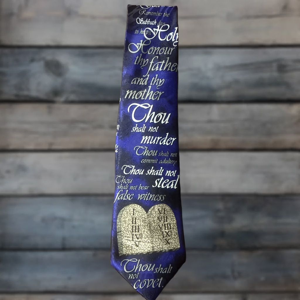 Vintage Steven Harris Ten Commandments Necktie Mens Gray Silver Biblical Christian Classic Size ONE SIZE - 1 Thumbnail