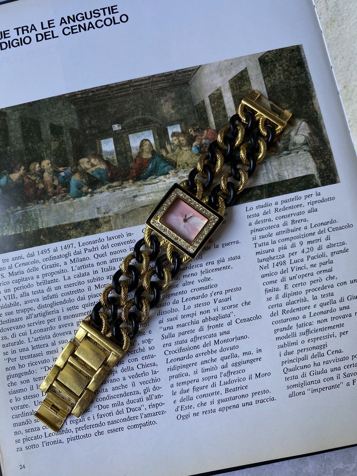 Japanese Brand × Jewelry × Vintage Elegant Watch Pink Dial Gold Black Strap Size ONE SIZE - 1 Thumbnail