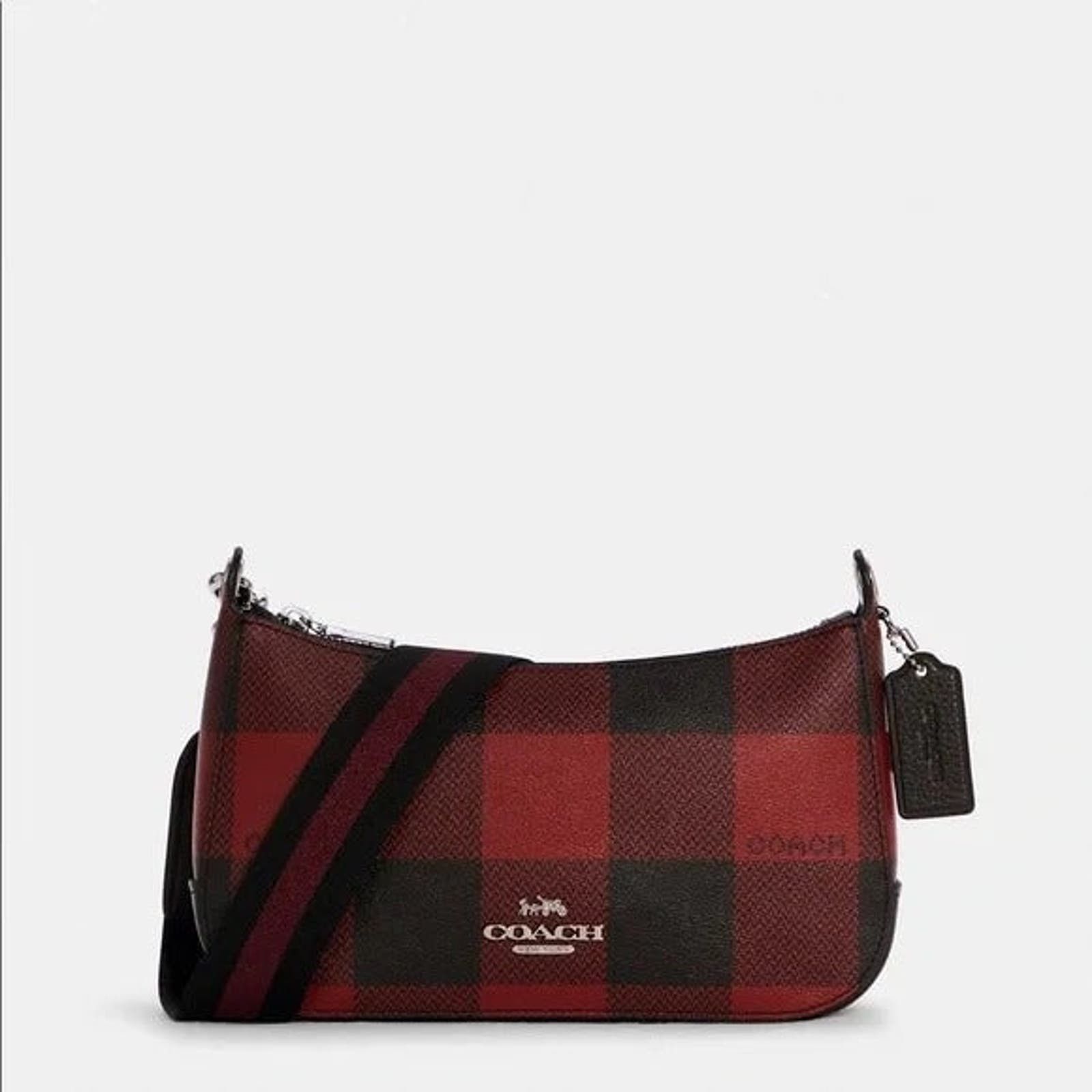 image of Coach C6818 Jes Baguette With Buffalo Plaid Print Black Red, Women's