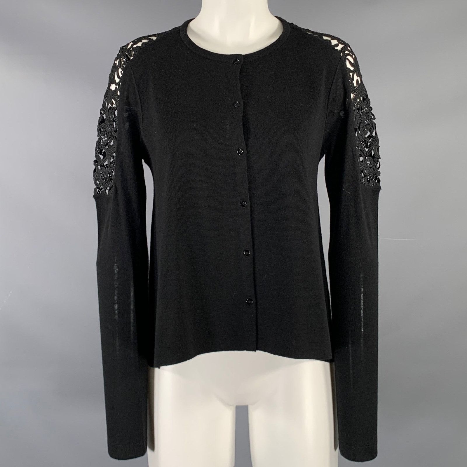DOROTHEE SCHUMACHER DOROTHEE SCHUMACHER 2 Black Virgin Wool Lace Panel Cardigan Size XS / US 0-2 / IT 36-38 - 1 Thumbnail
