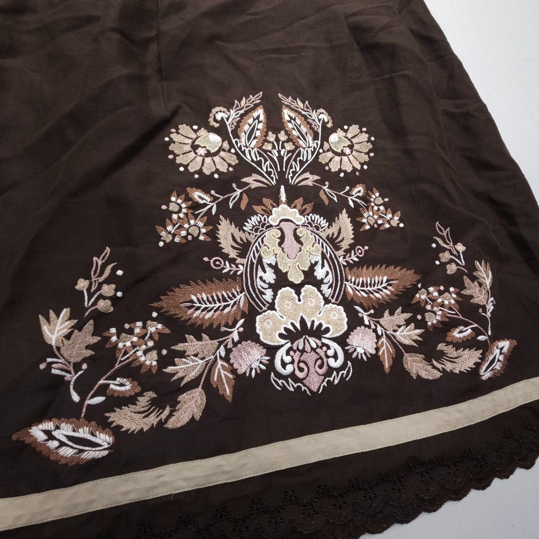 Loft LOFT Ann Taylor Floral Embroidered Linen Blend Skirt - Knee Length A-Line, Brown, Size 10, Regular, Womens, Boho Festival Size 32" / US 10 / IT 46 - 2 Thumbnail