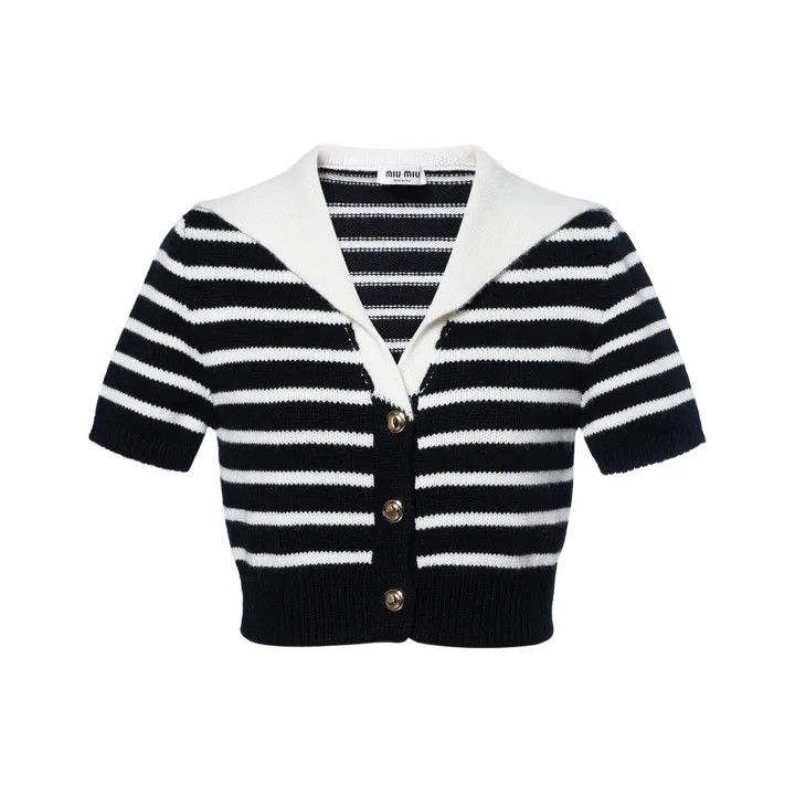 Miu Miu Miu Miu Black Striped Short Sleeve Knit Top 0079 Size S / US 4 / IT 40 - 1 Thumbnail
