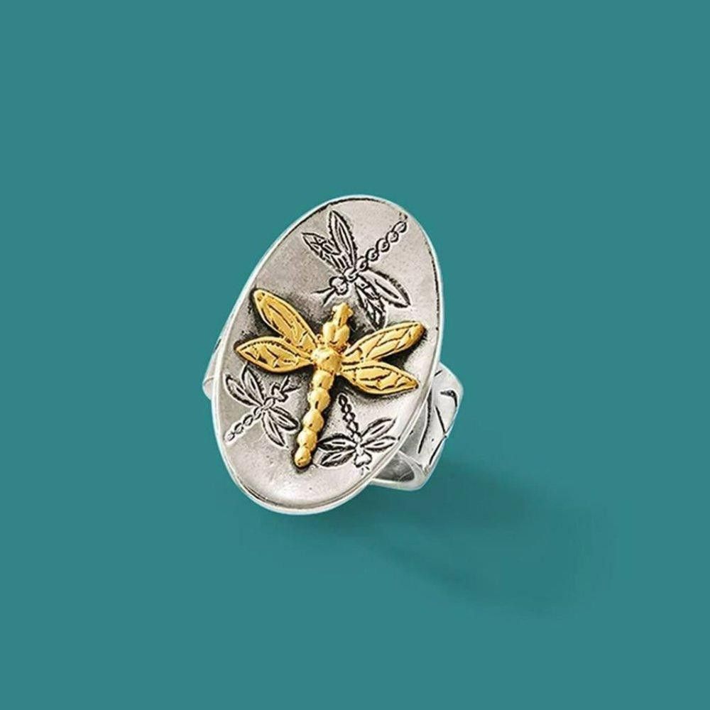 Designer Sterling Silver Oval Golden Dragonfly Signet Ring - Size 5 Size ONE SIZE - 7 Thumbnail